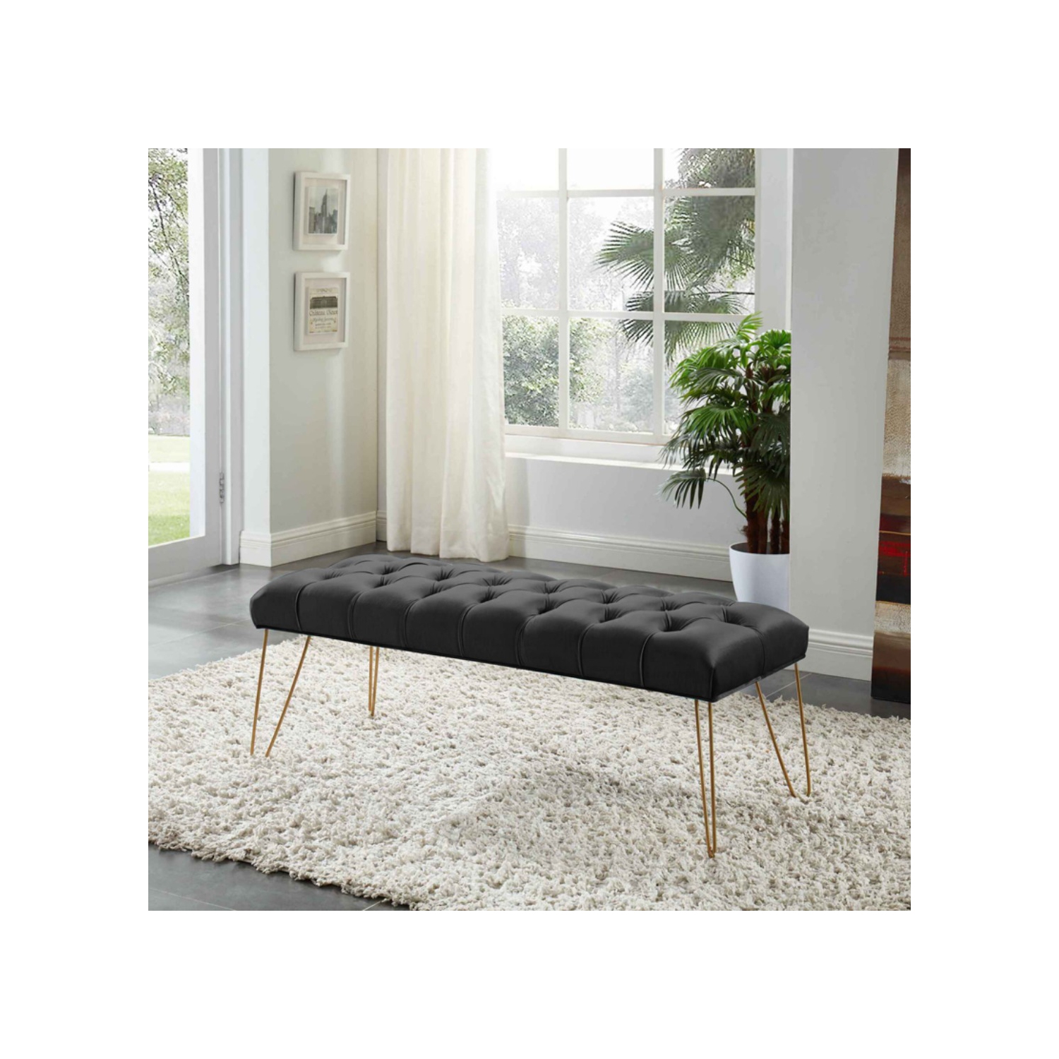 Hi-Line Gift Ltd Black Velvet Button-Tufted Bench with Gold-Capped Legs