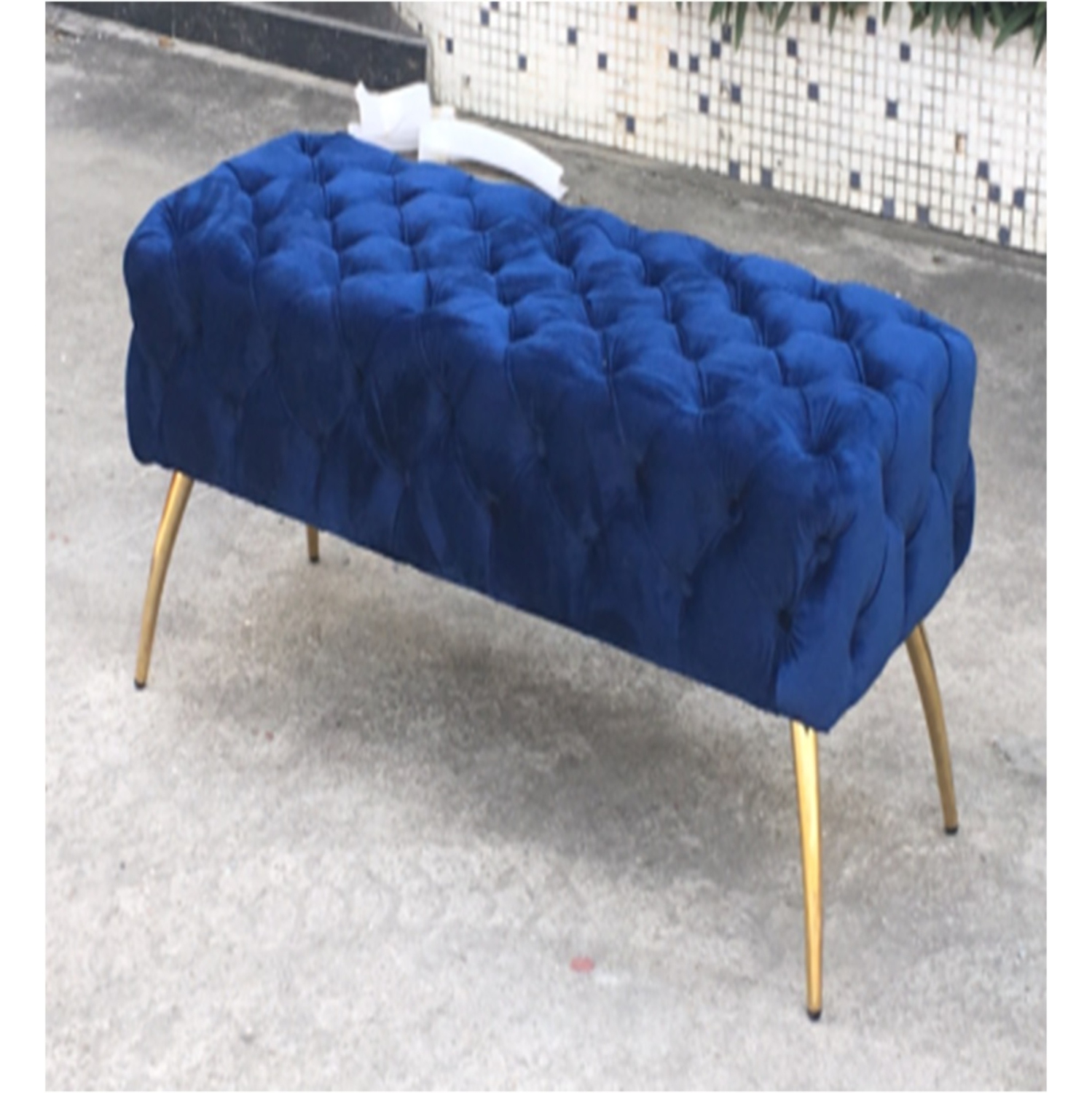 Hi-Line Gift Ltd Navy Blue & Gold Button-Tufted Velvet Bench
