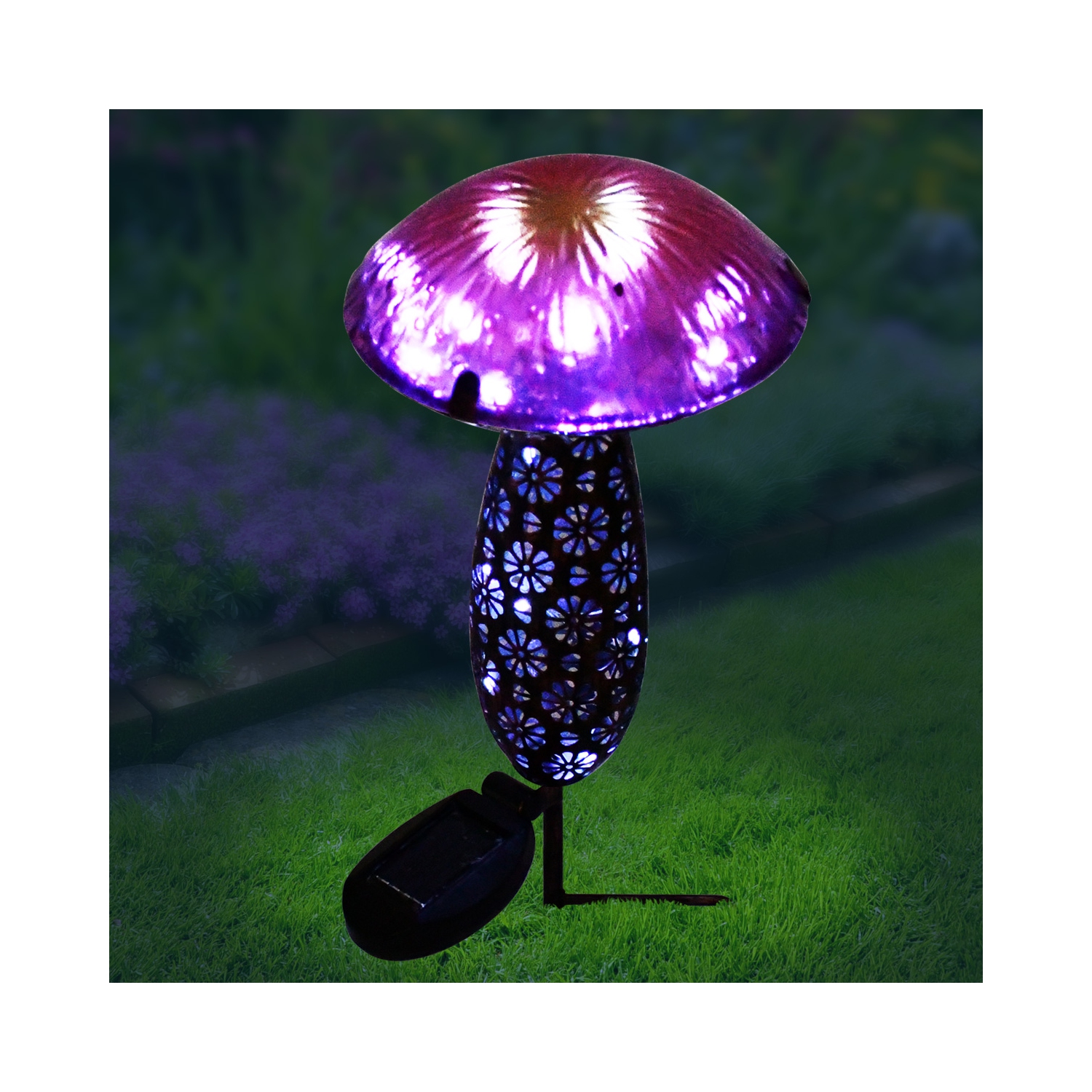 Hi-Line Gift Ltd Metal And Glass Solar Mushroom Stake with LED - Pink And Purple