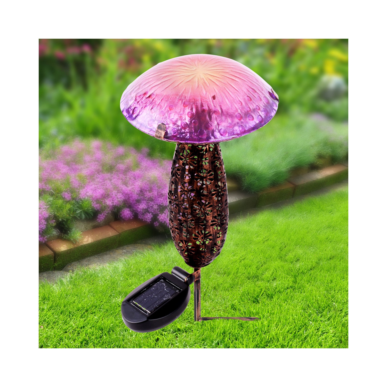 Hi-Line Gift Ltd Metal And Glass Solar Mushroom Stake with LED - Pink And Purple