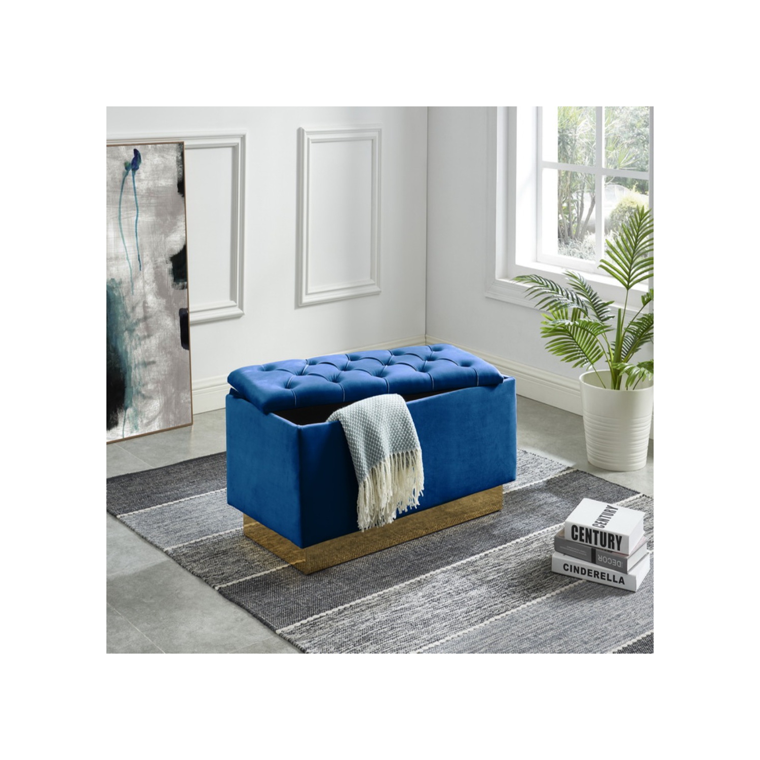 Hi-Line Gift Ltd Navy Blue Button-Tufted Storage Ottoman with Gold Base