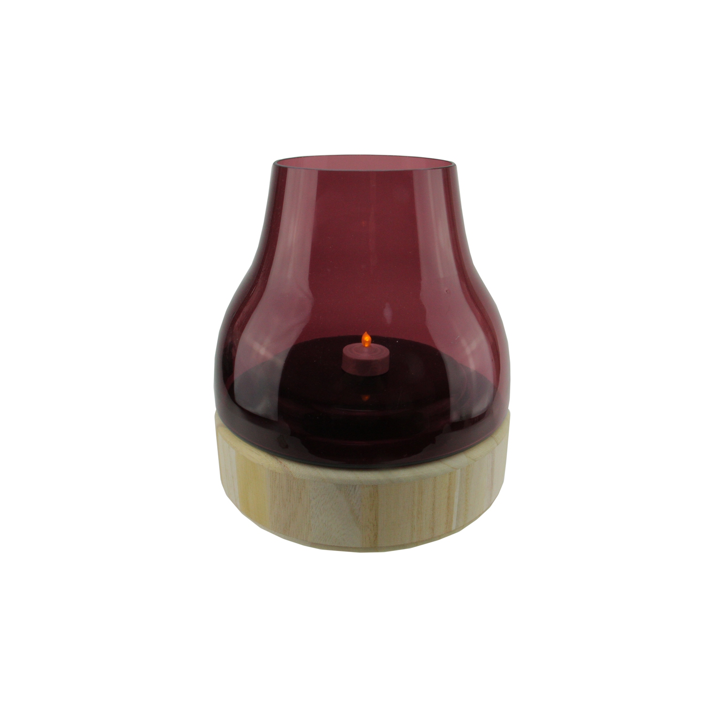 9.75" Merlot Colored Glass Pillar Candle Holder with Wooden Base
