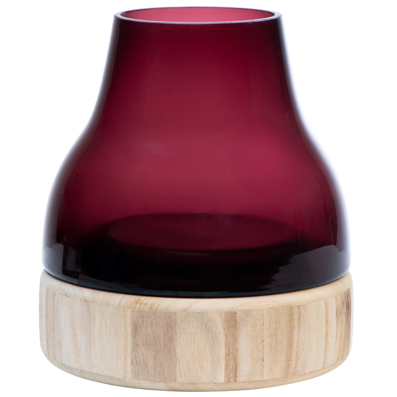 9.75" Merlot Colored Glass Pillar Candle Holder with Wooden Base