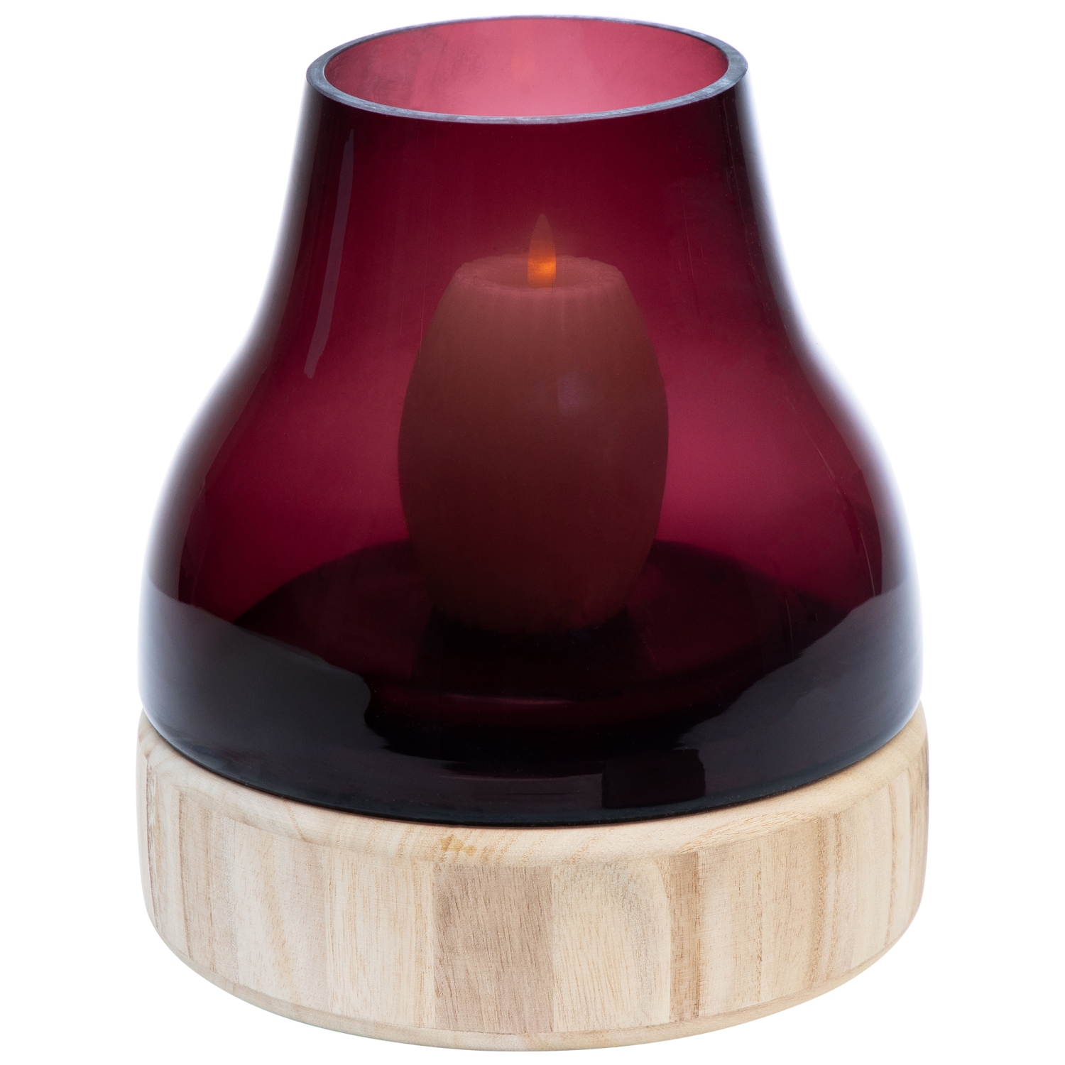 9.75" Merlot Colored Glass Pillar Candle Holder with Wooden Base