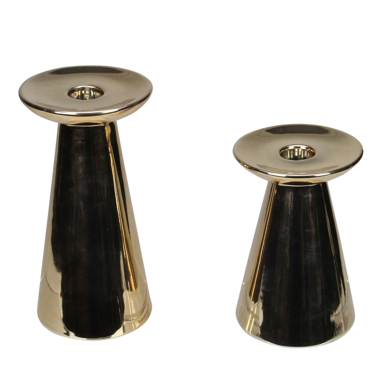 Set Of 2 Shiny Gold Pedestal Taper and Votive Ceramic Candle Holders 7"