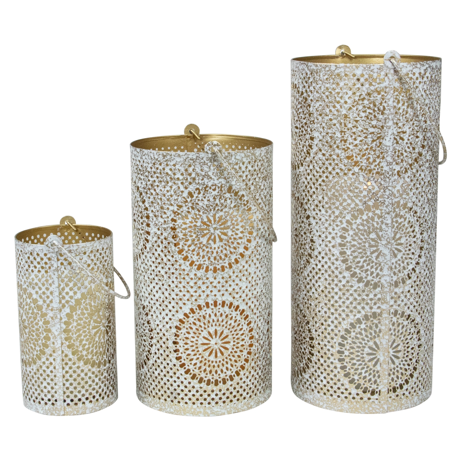 Set of 3 White and Gold Moroccan Style Pillar Candle Lanterns 10"