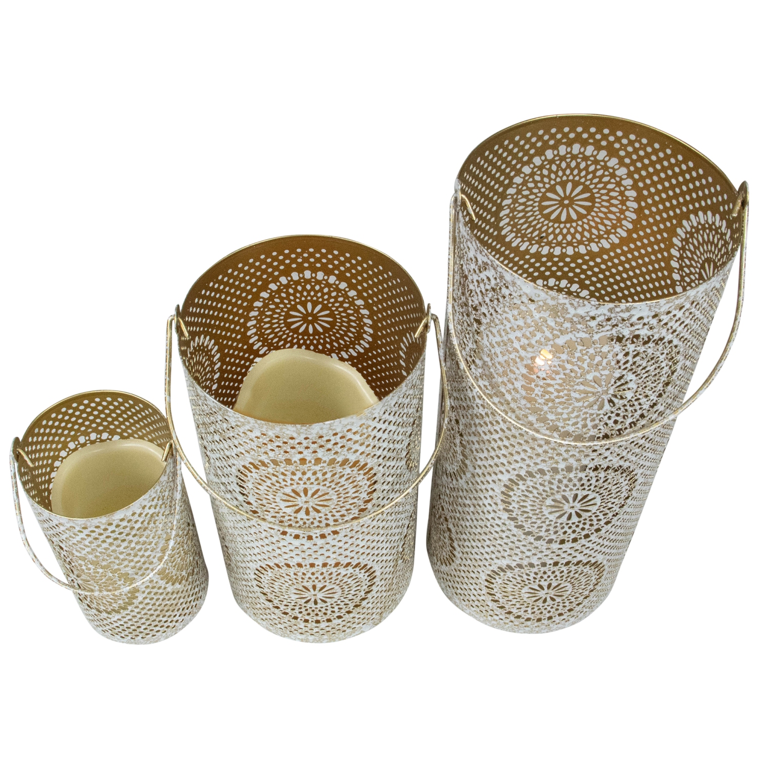 Set of 3 White and Gold Moroccan Style Pillar Candle Lanterns 10"