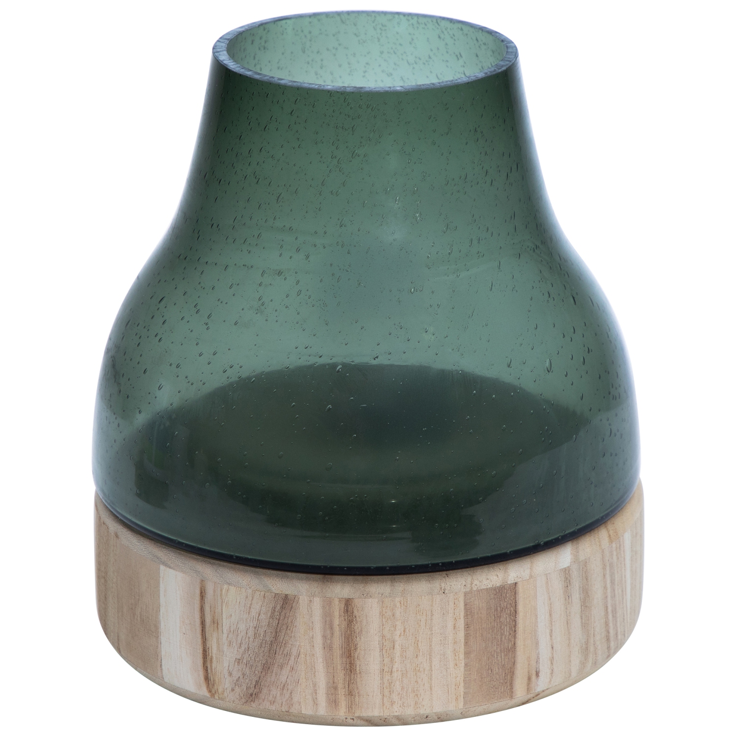 9.75" Storm Gray Bubble Glass Pillar Candle Holder with Wooden Base