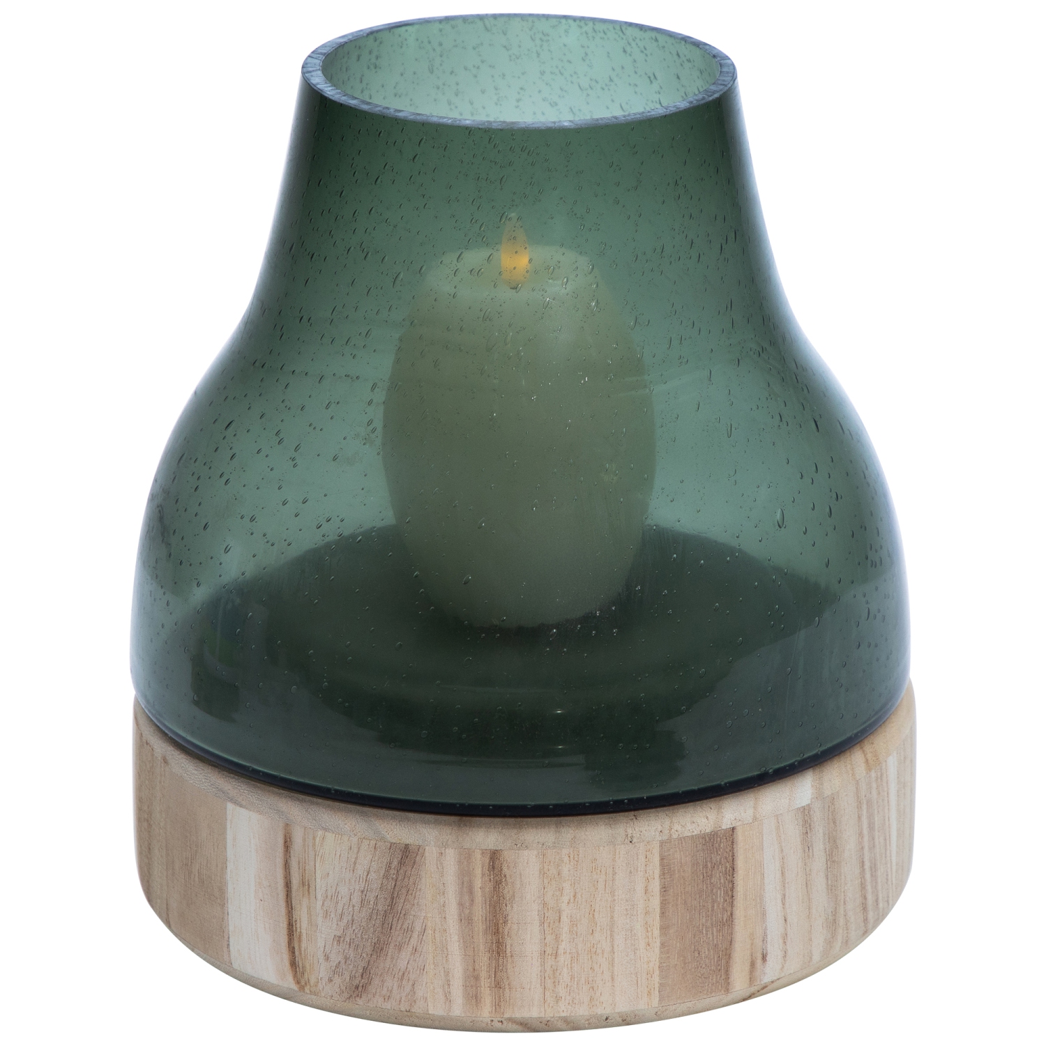 9.75" Storm Gray Bubble Glass Pillar Candle Holder with Wooden Base