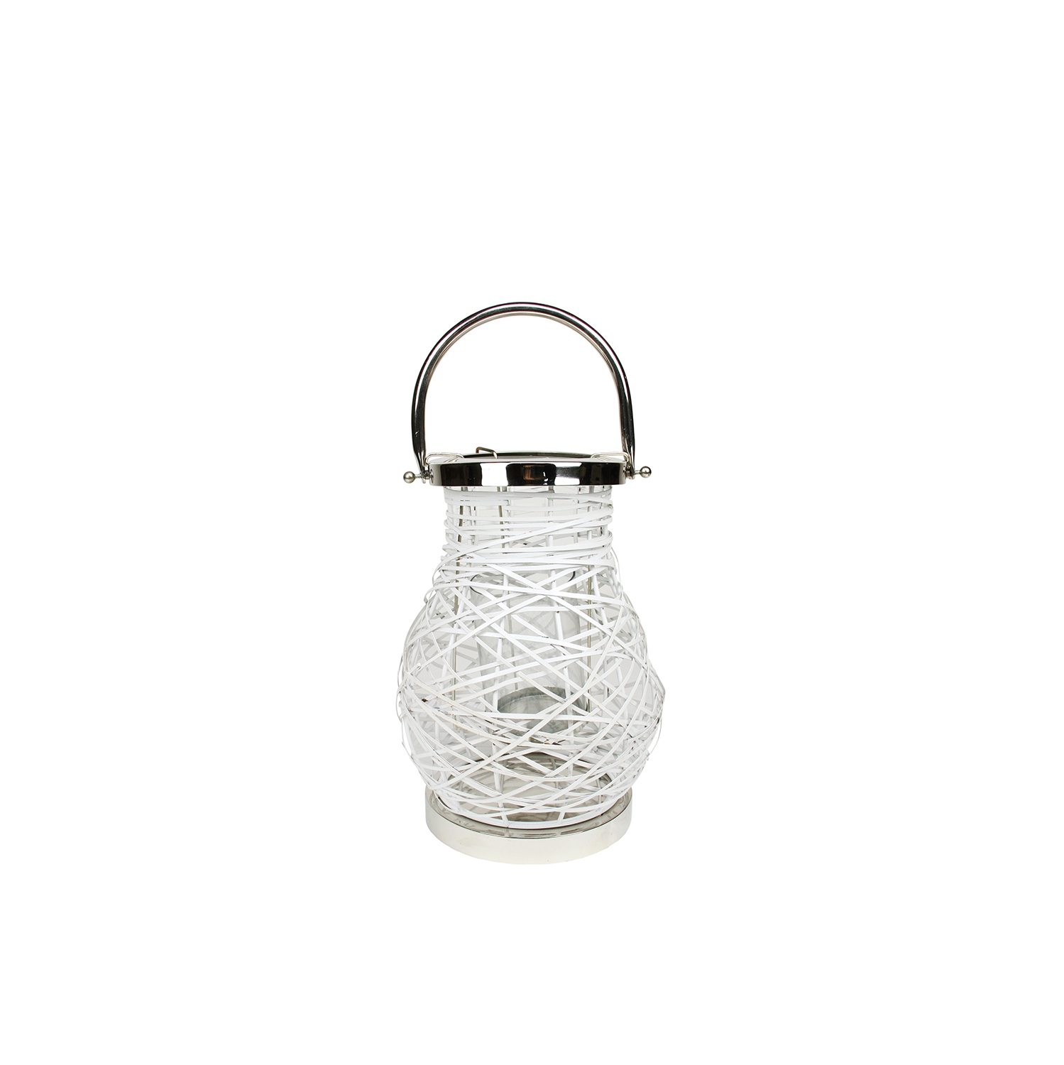 13.5" Modern White Decorative Woven Iron Pillar Candle Lantern with Glass Hurricane