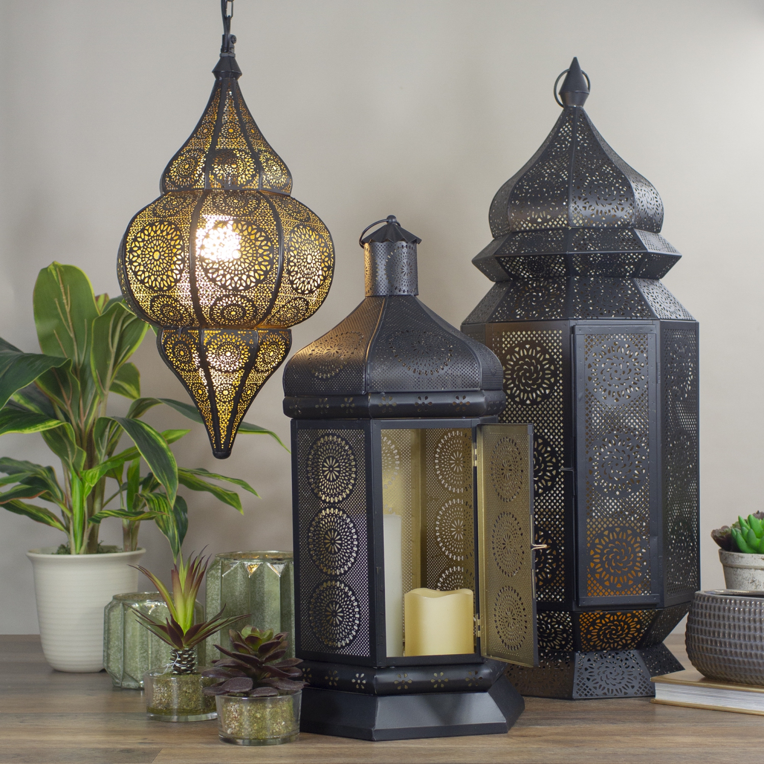 21.5" Black and Gold Moroccan Style Pillar Candle Table Lantern