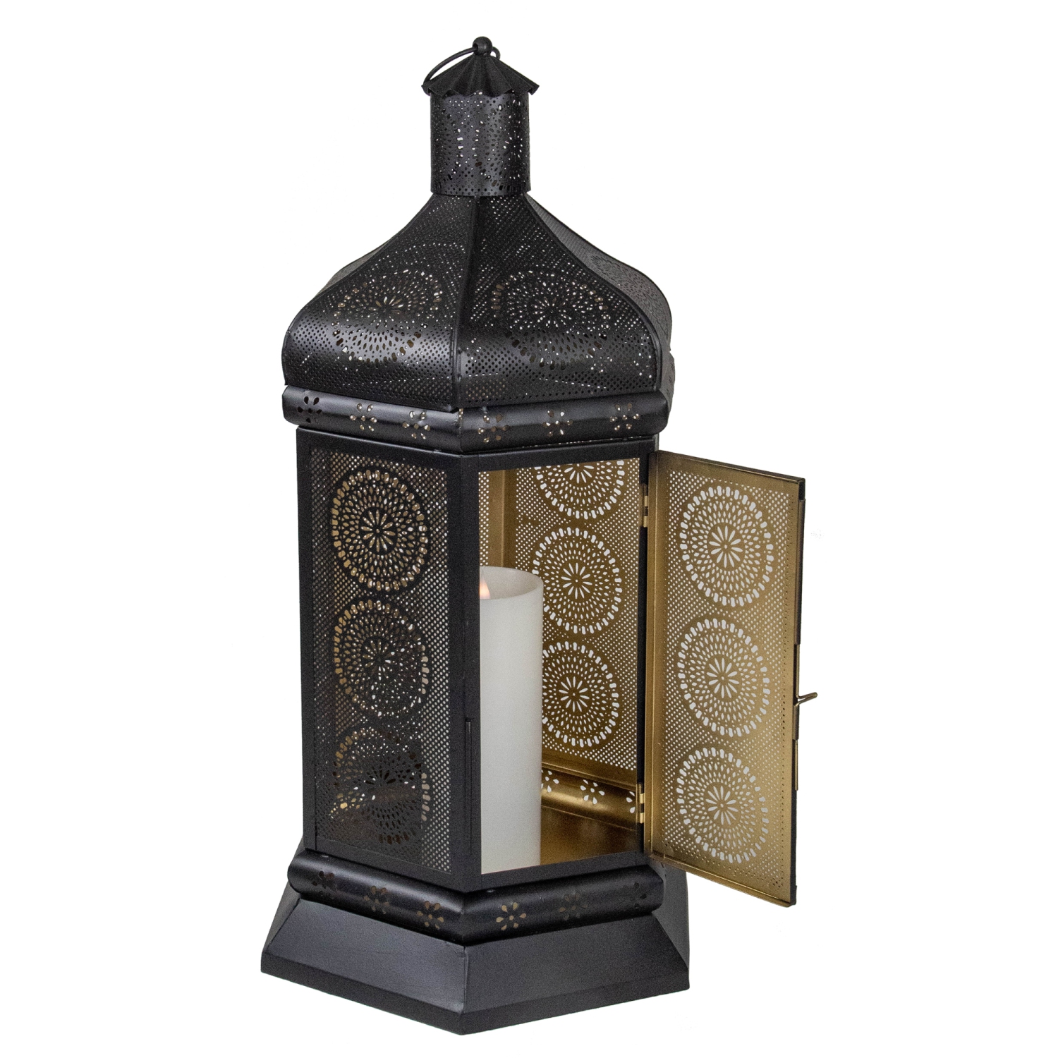 21.5" Black and Gold Moroccan Style Pillar Candle Table Lantern
