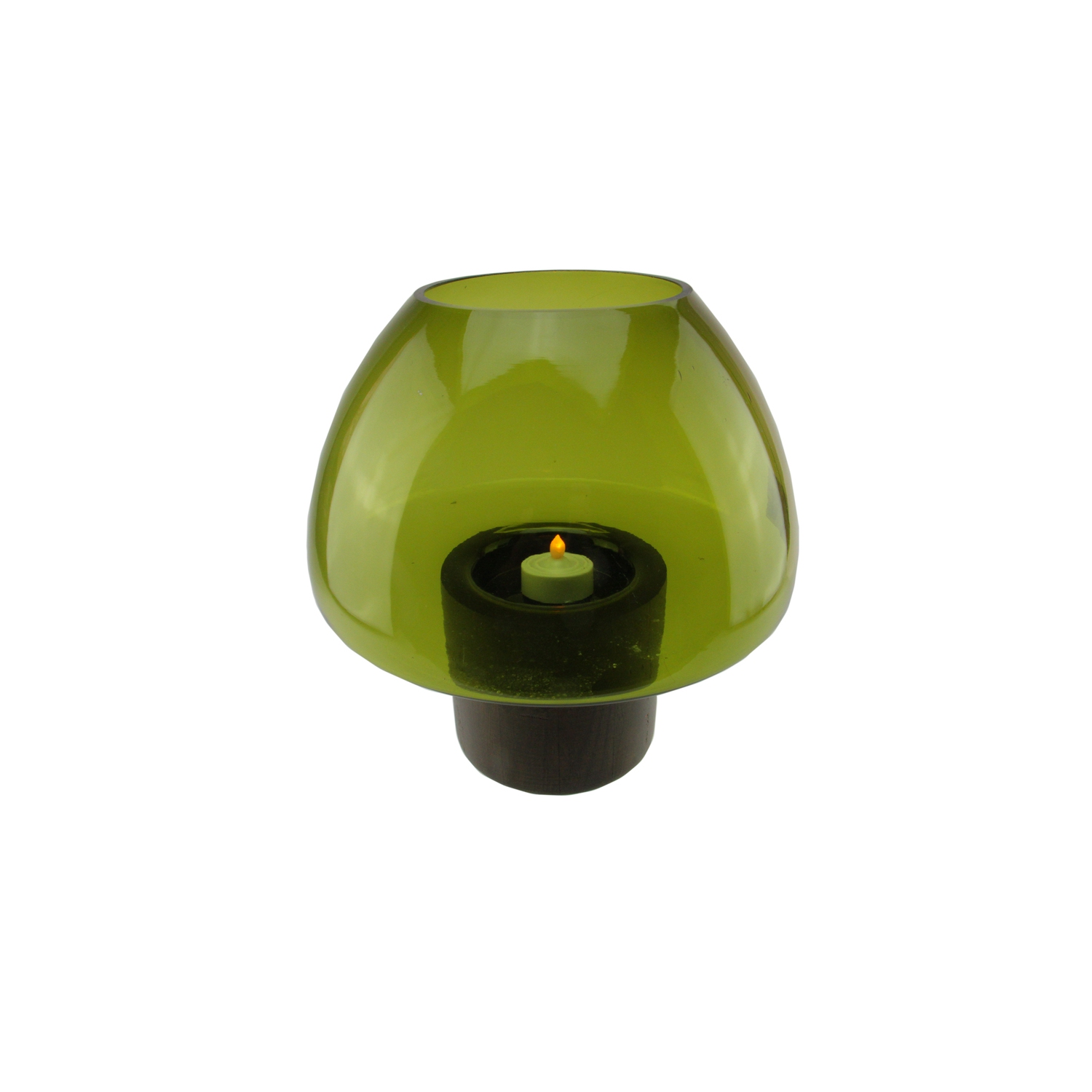 9.75" Transparent Olive Green Glass Candle Holder with Wooden Base