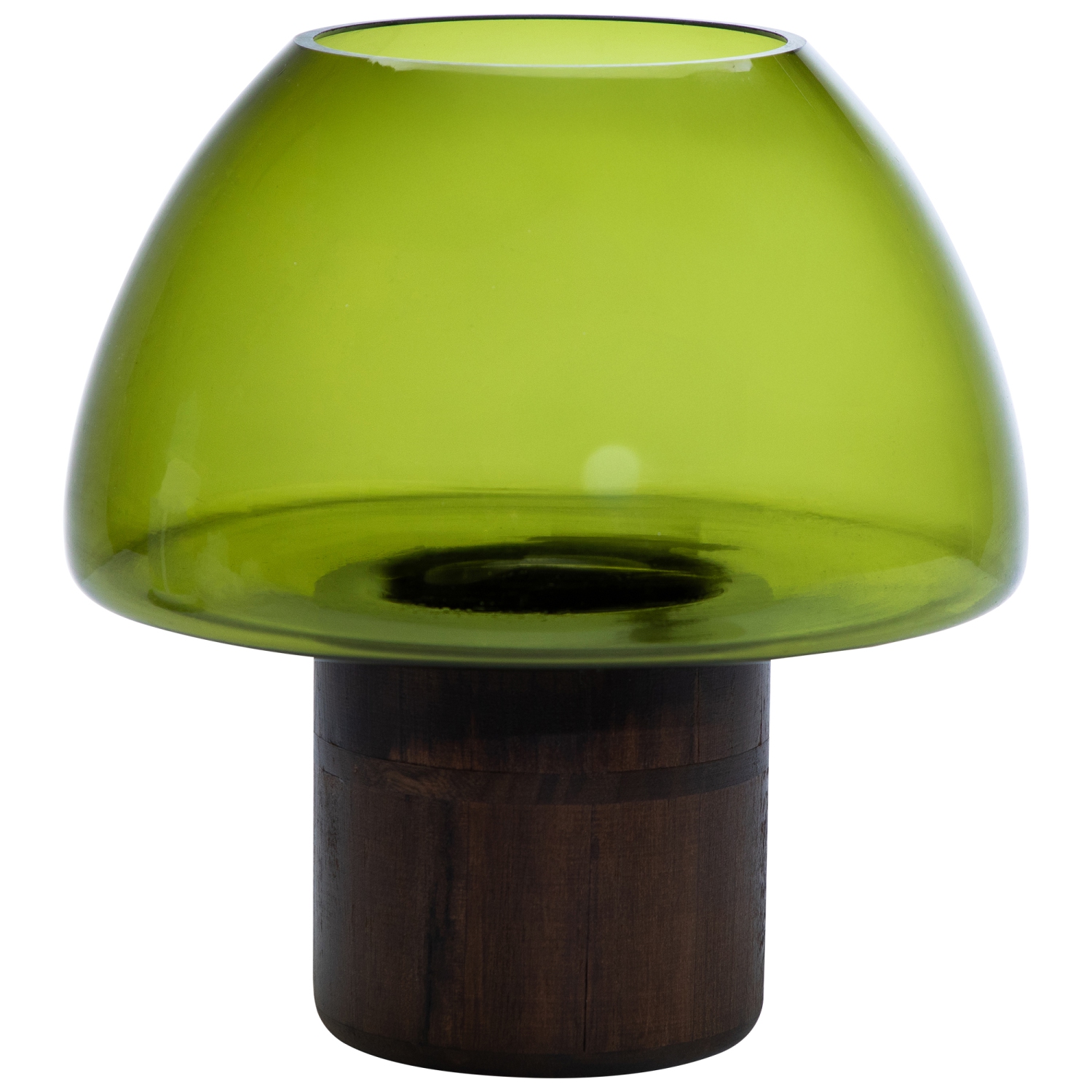 9.75" Transparent Olive Green Glass Candle Holder with Wooden Base