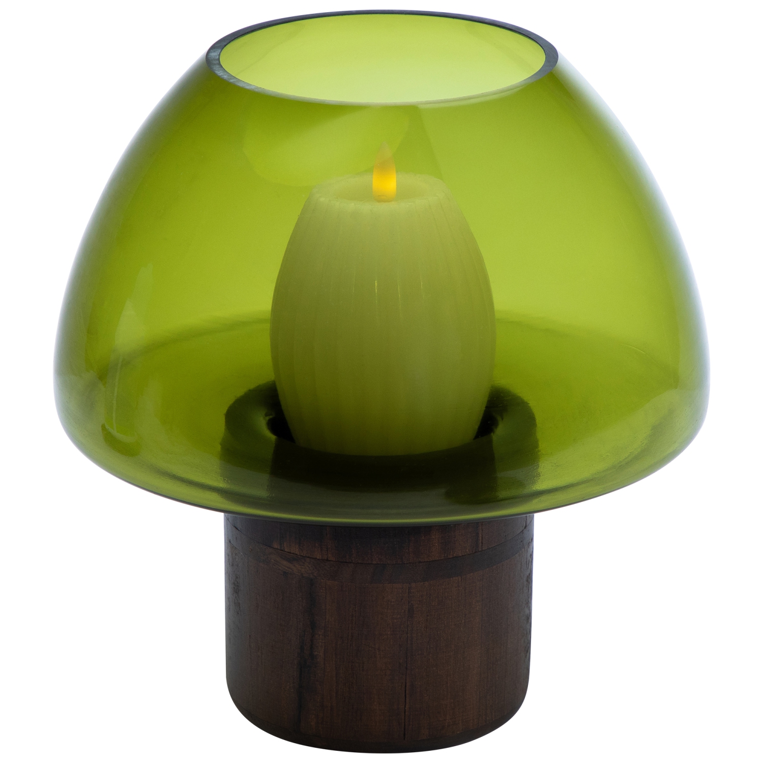9.75" Transparent Olive Green Glass Candle Holder with Wooden Base