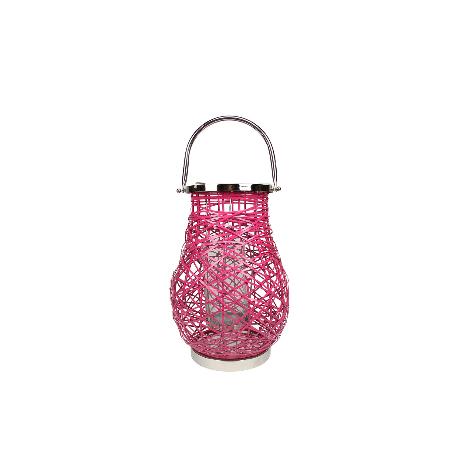 13.5" Modern Fuchsia Pink Decorative Woven Iron Pillar Candle Lantern with Glass Hurricane