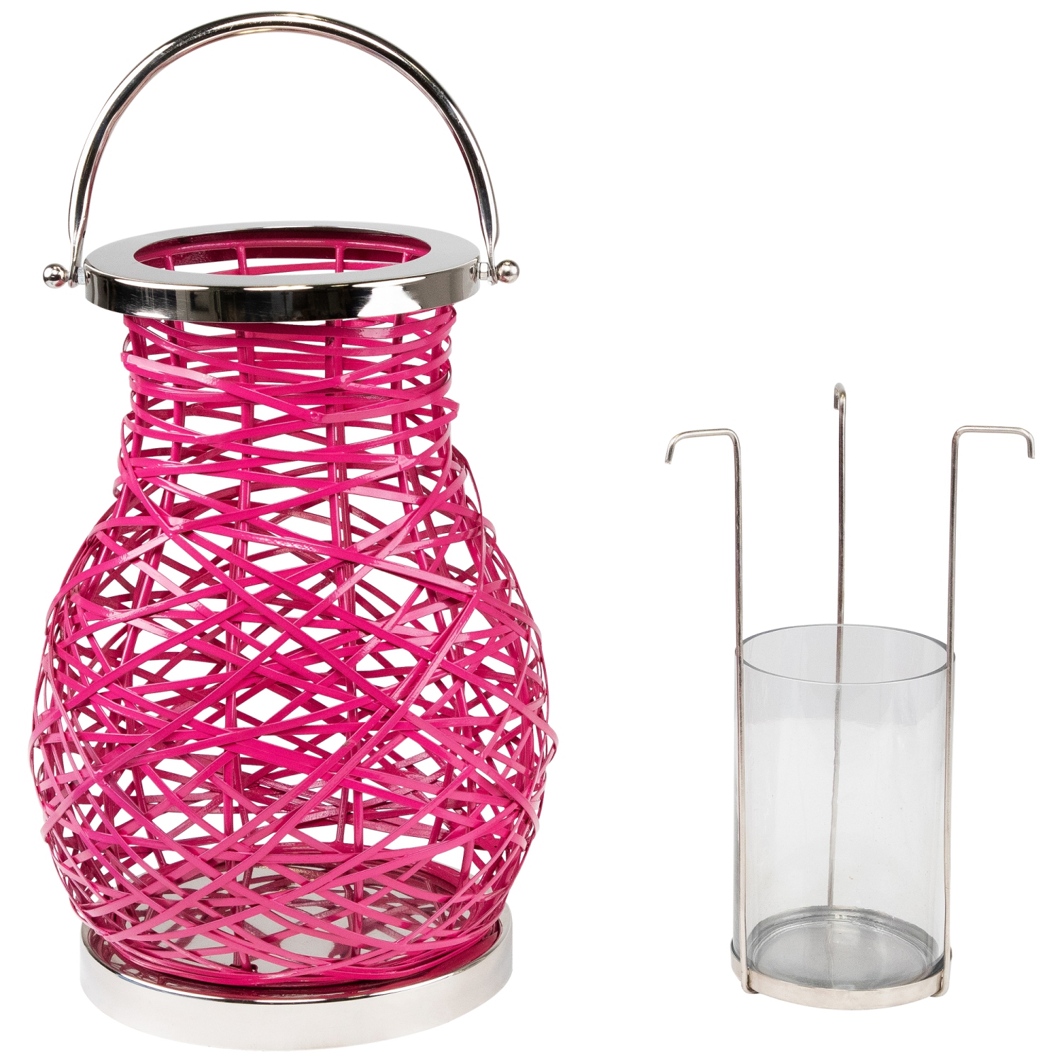 13.5" Modern Fuchsia Pink Decorative Woven Iron Pillar Candle Lantern with Glass Hurricane