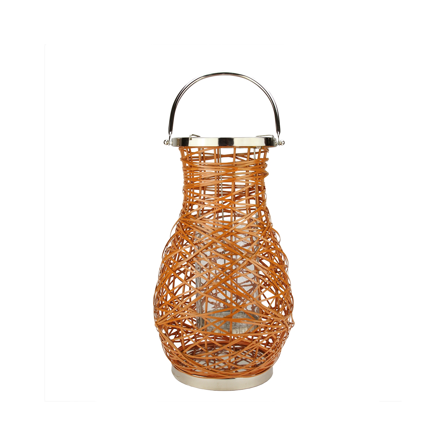 16.25" Modern Orange Decorative Woven Iron Pillar Candle Lantern with Glass Hurricane