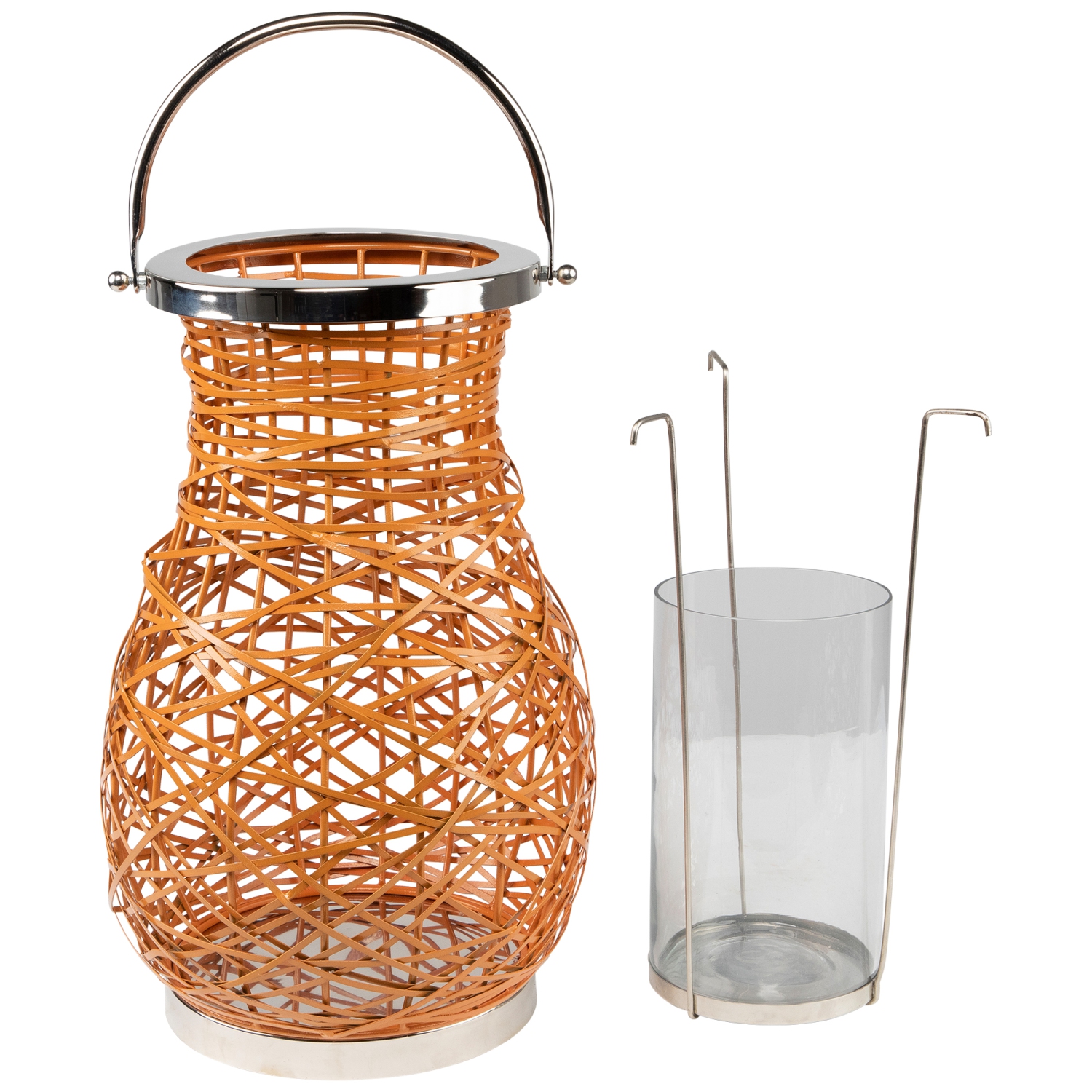 16.25" Modern Orange Decorative Woven Iron Pillar Candle Lantern with Glass Hurricane