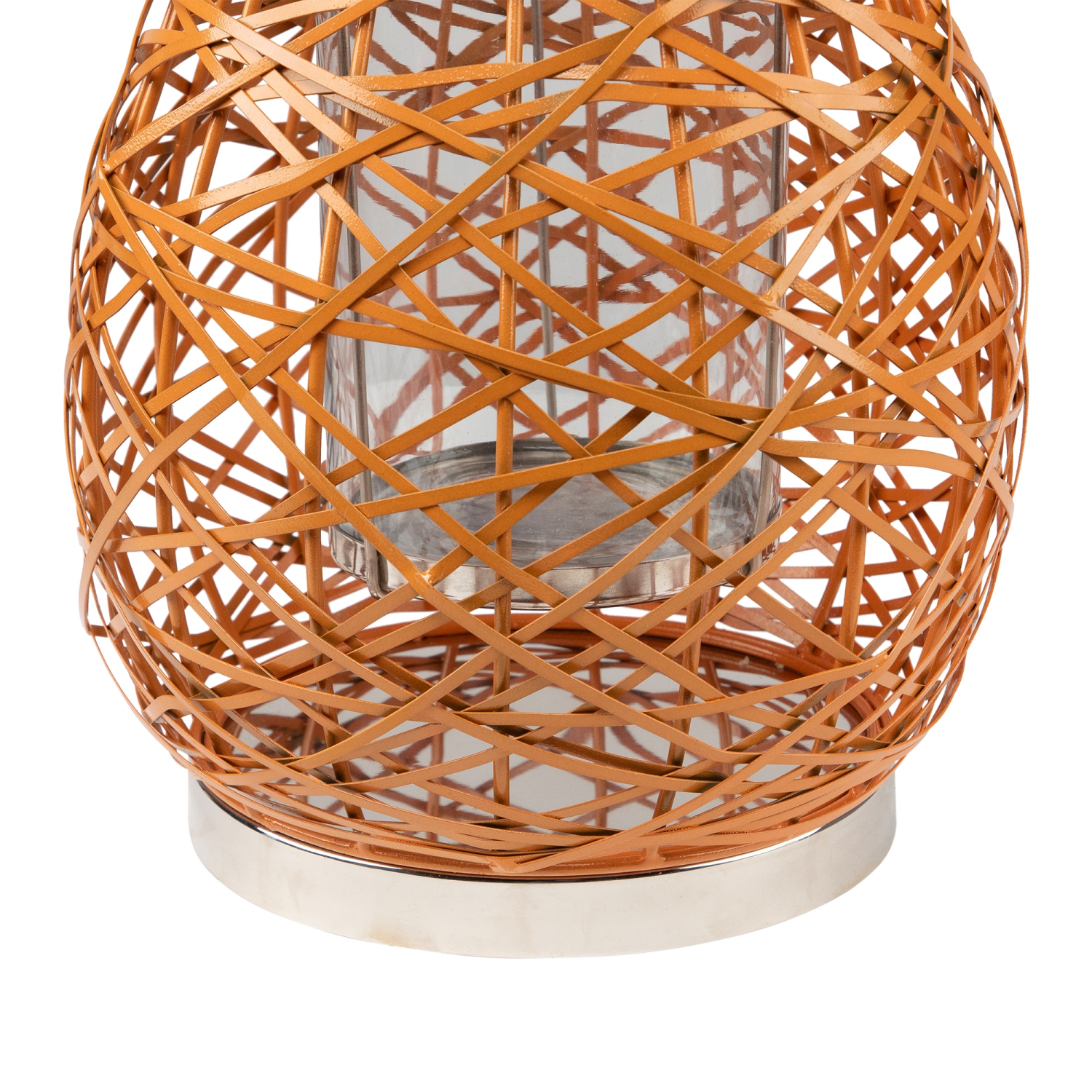 16.25" Modern Orange Decorative Woven Iron Pillar Candle Lantern with Glass Hurricane