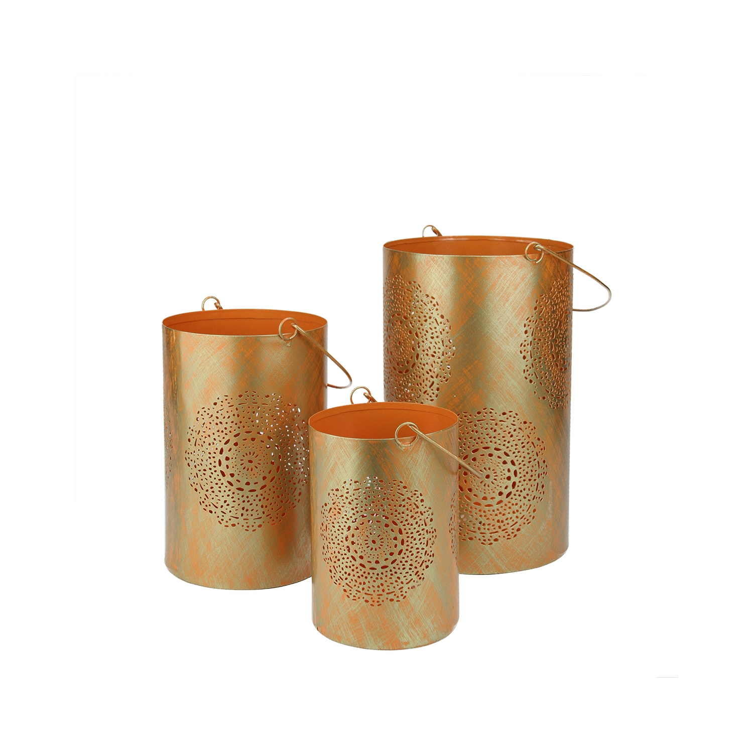 Set of 3 Orange and Gold Decorative Floral Cut-Out Pillar Candle Lanterns 10"