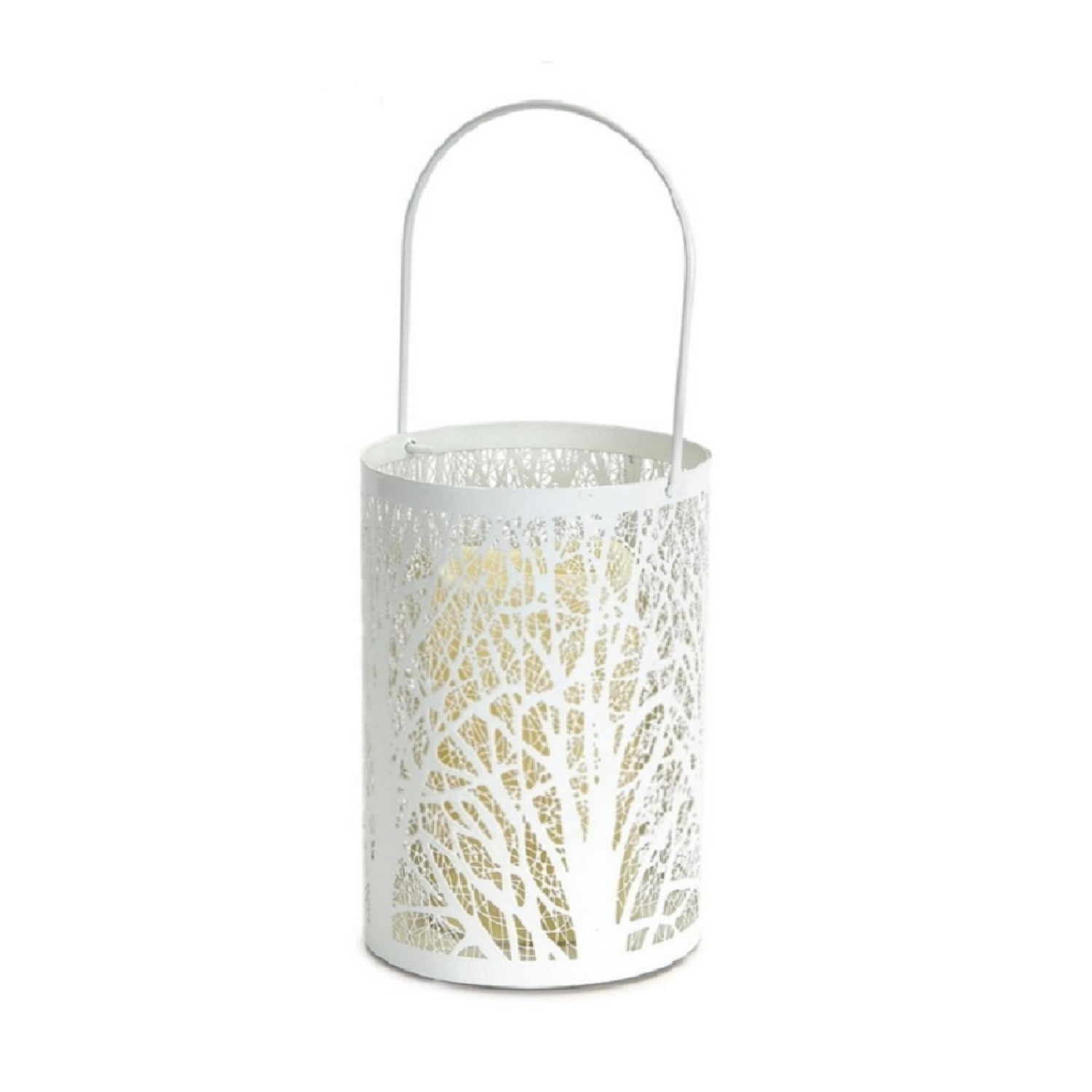 8" White Tree Pattern Battery Operated LED Candle Lantern with Timer