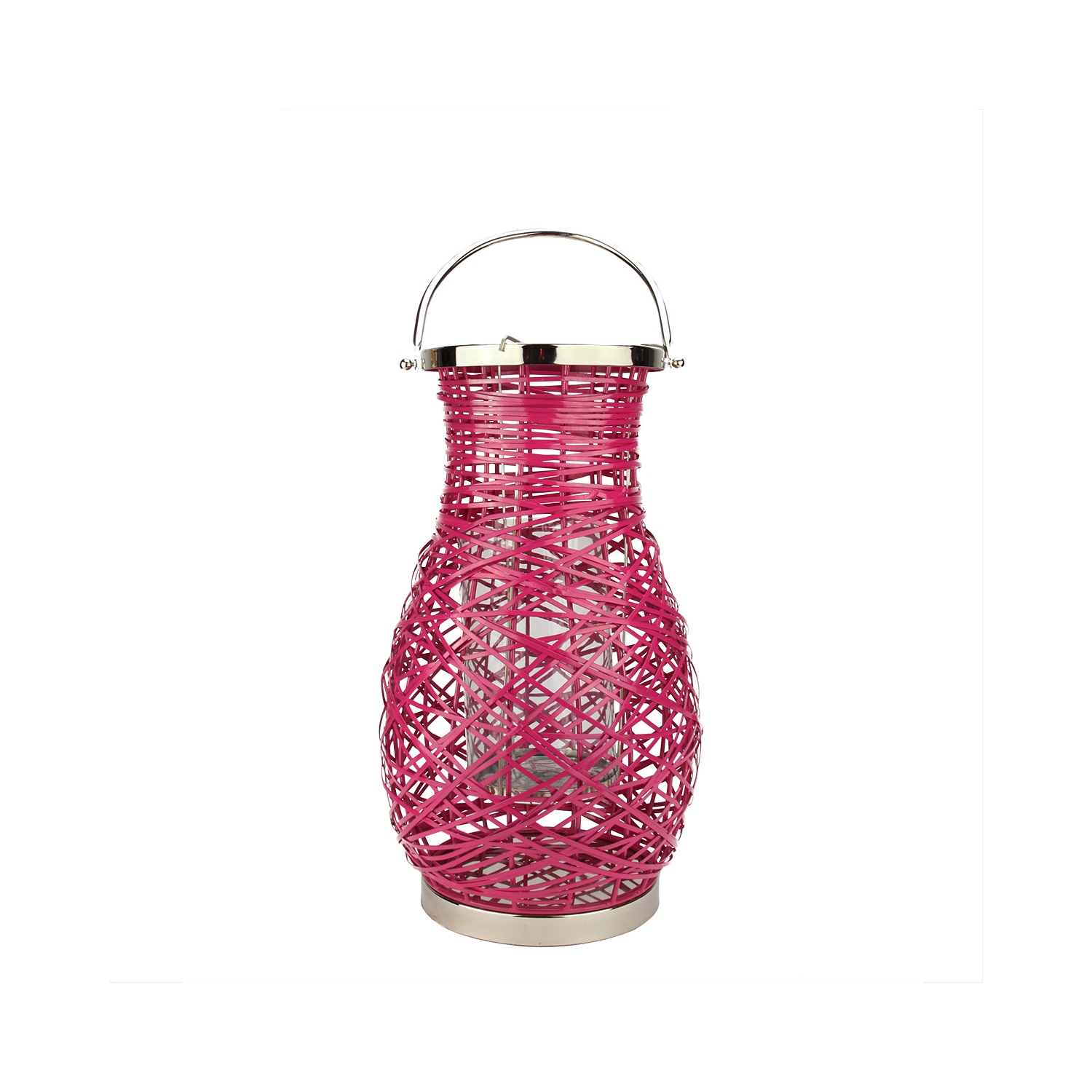 16.25" Modern Fuchsia Pink Decorative Woven Iron Pillar Candle Lantern with Glass Hurricane