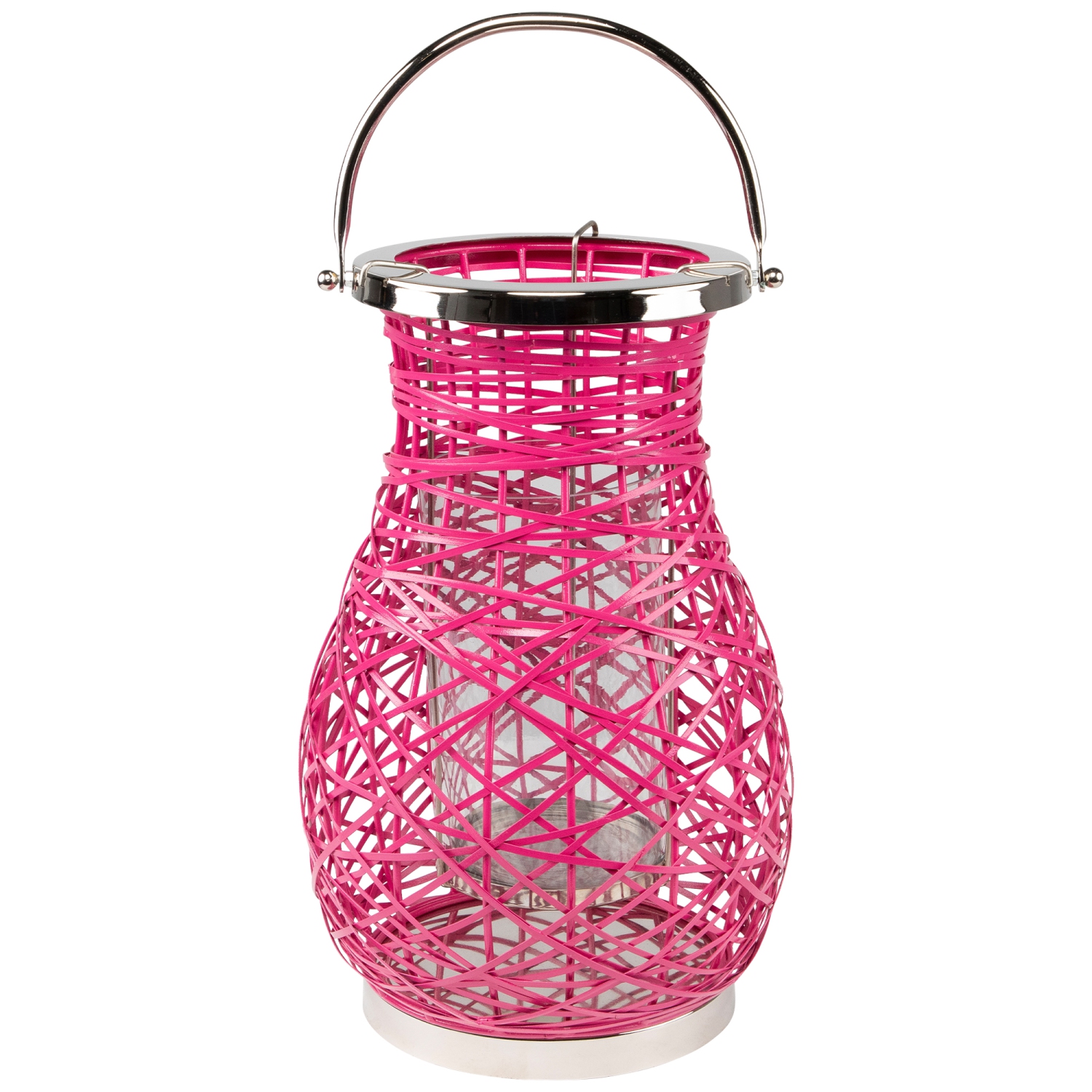 16.25" Modern Fuchsia Pink Decorative Woven Iron Pillar Candle Lantern with Glass Hurricane