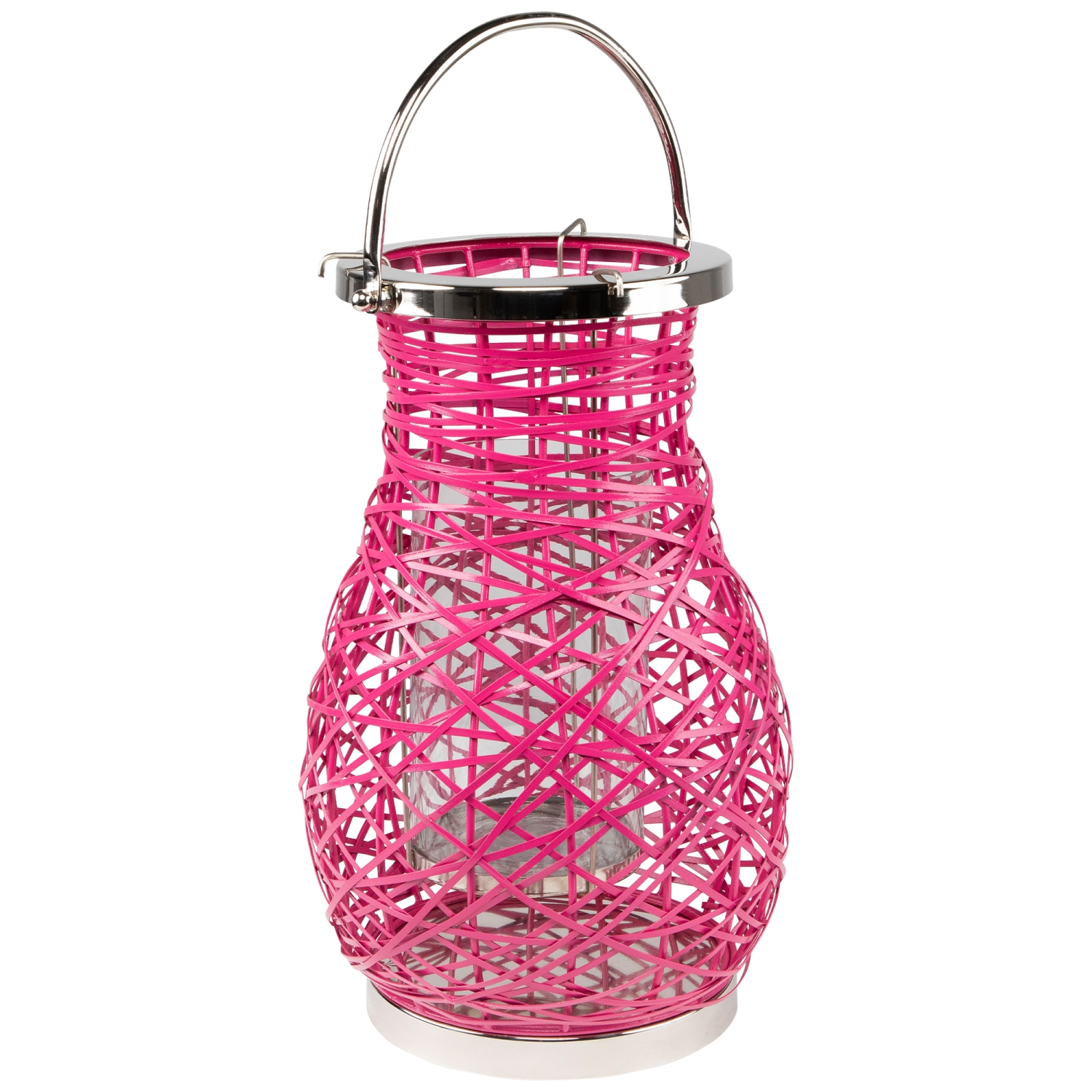16.25" Modern Fuchsia Pink Decorative Woven Iron Pillar Candle Lantern with Glass Hurricane
