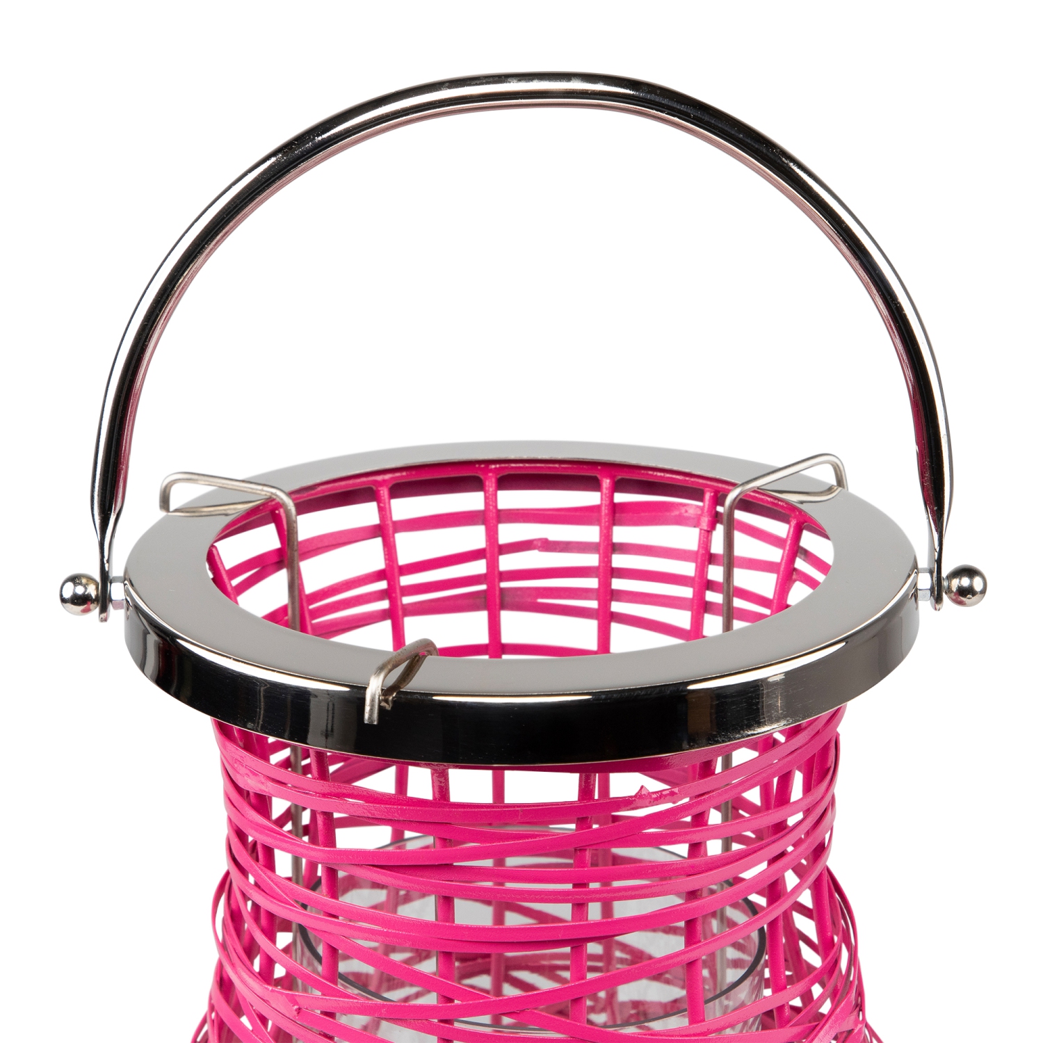 16.25" Modern Fuchsia Pink Decorative Woven Iron Pillar Candle Lantern with Glass Hurricane