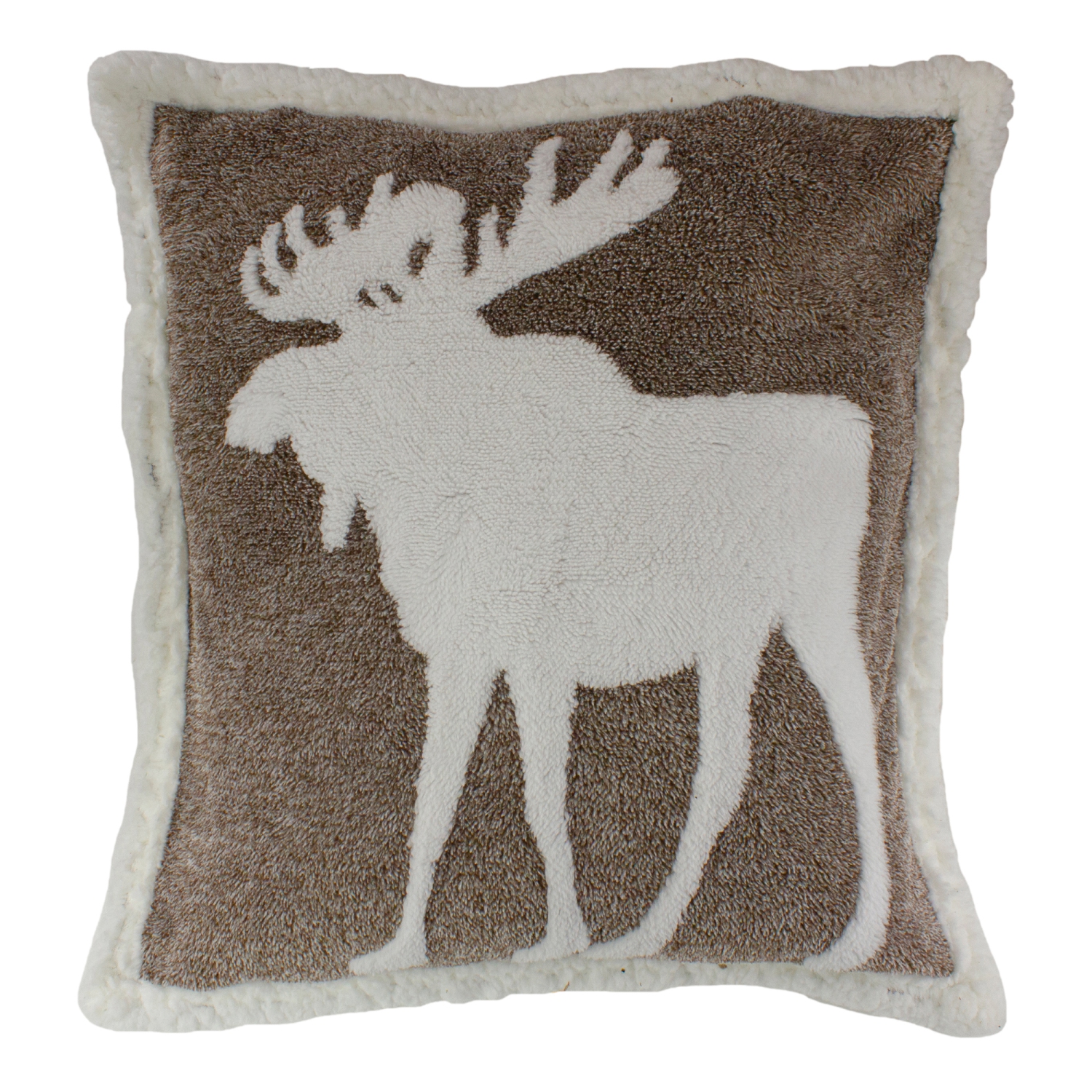 Coussin décoratif en Sherpa avec orignal en peluche brun et blanc de 20 po