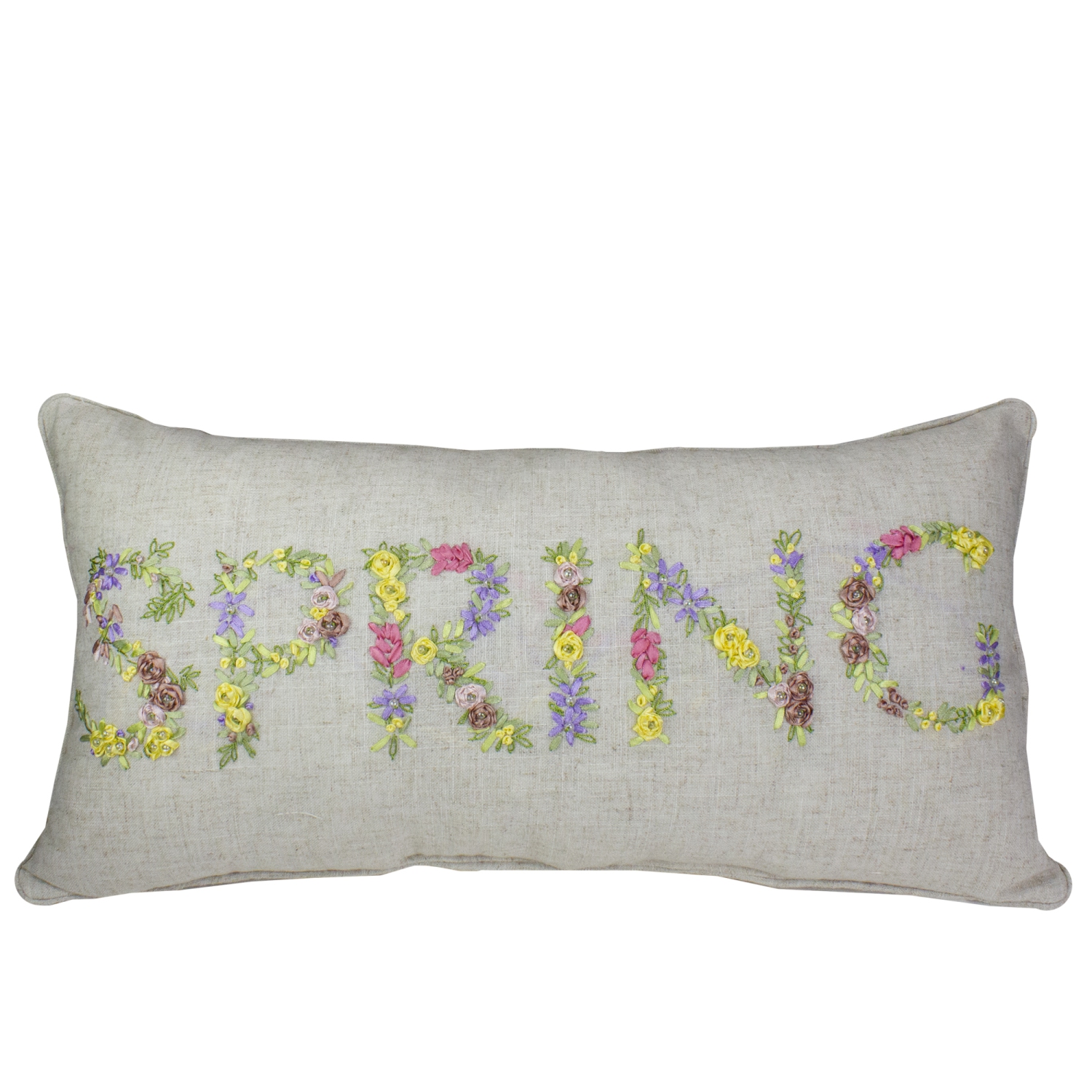 23" Spring Floral Ribbon Beige Throw Pillow