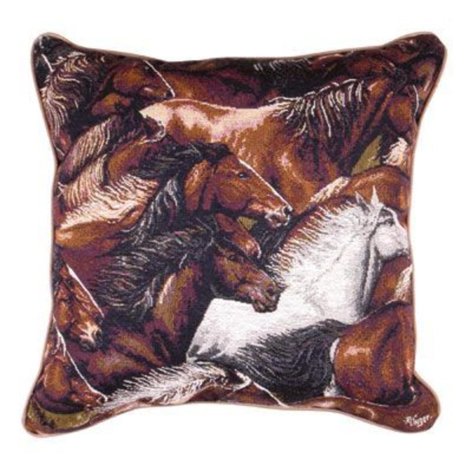 17" Brown and White Wild Running Mustang Horses Square Throw Pillow