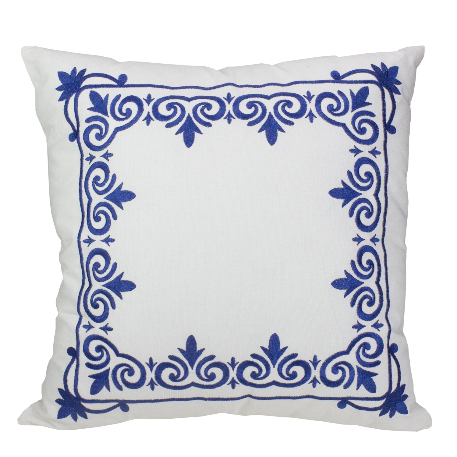 Coussin décoratif carré en coton brodé blanc et bleu de 18 po