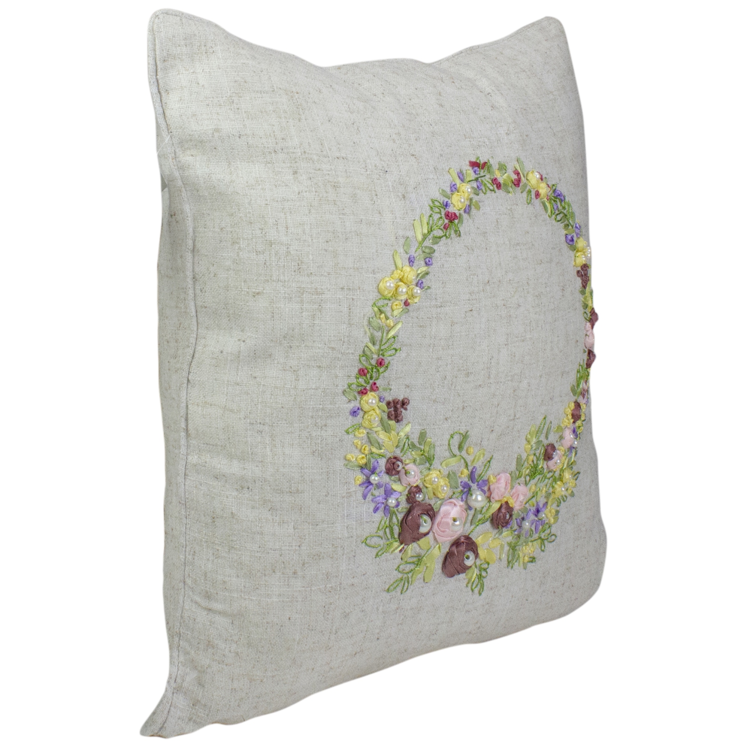 Coussin carré de 16 po en couronne de fleurs, beige