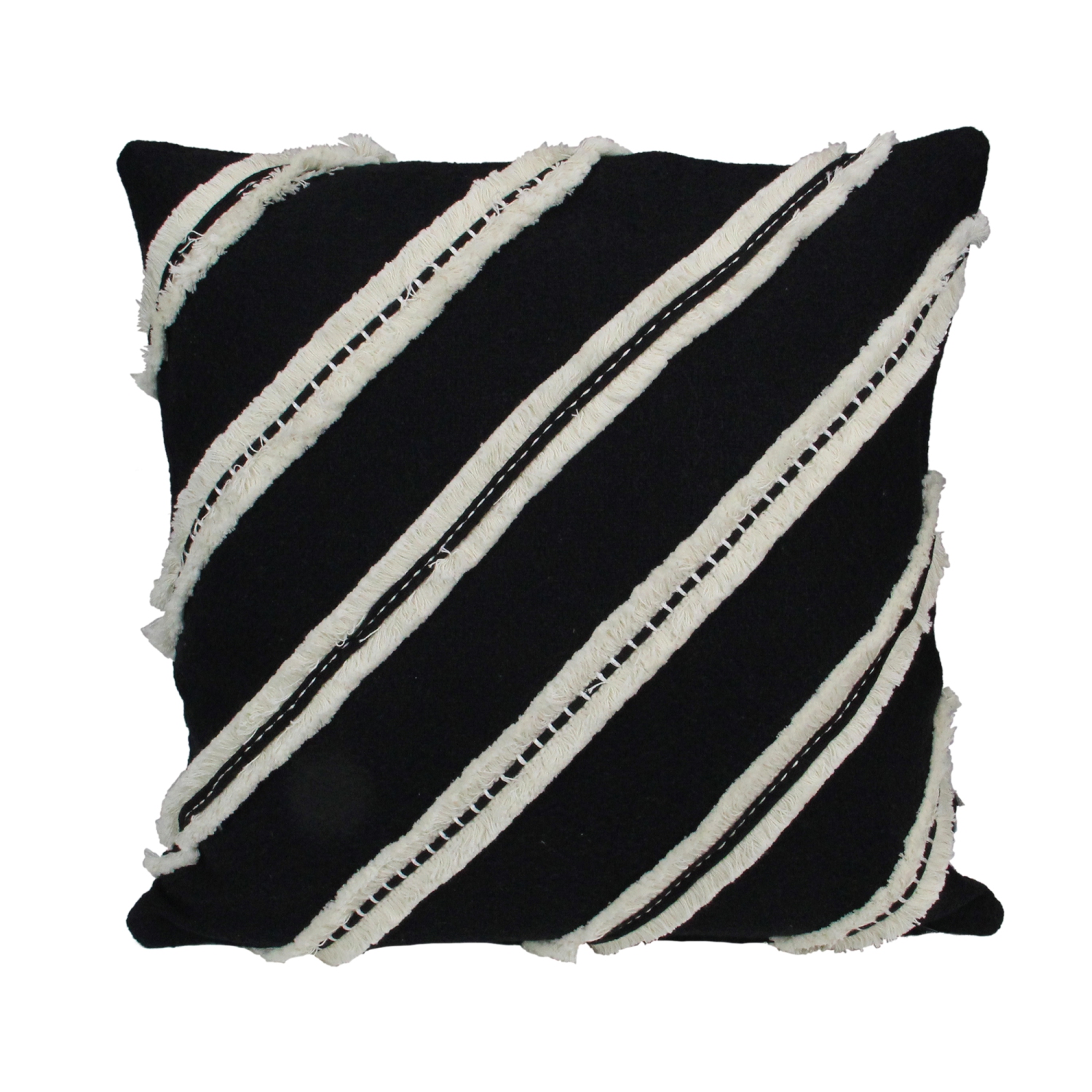 17" Black and White Striped Fringe Square Throw Pillow