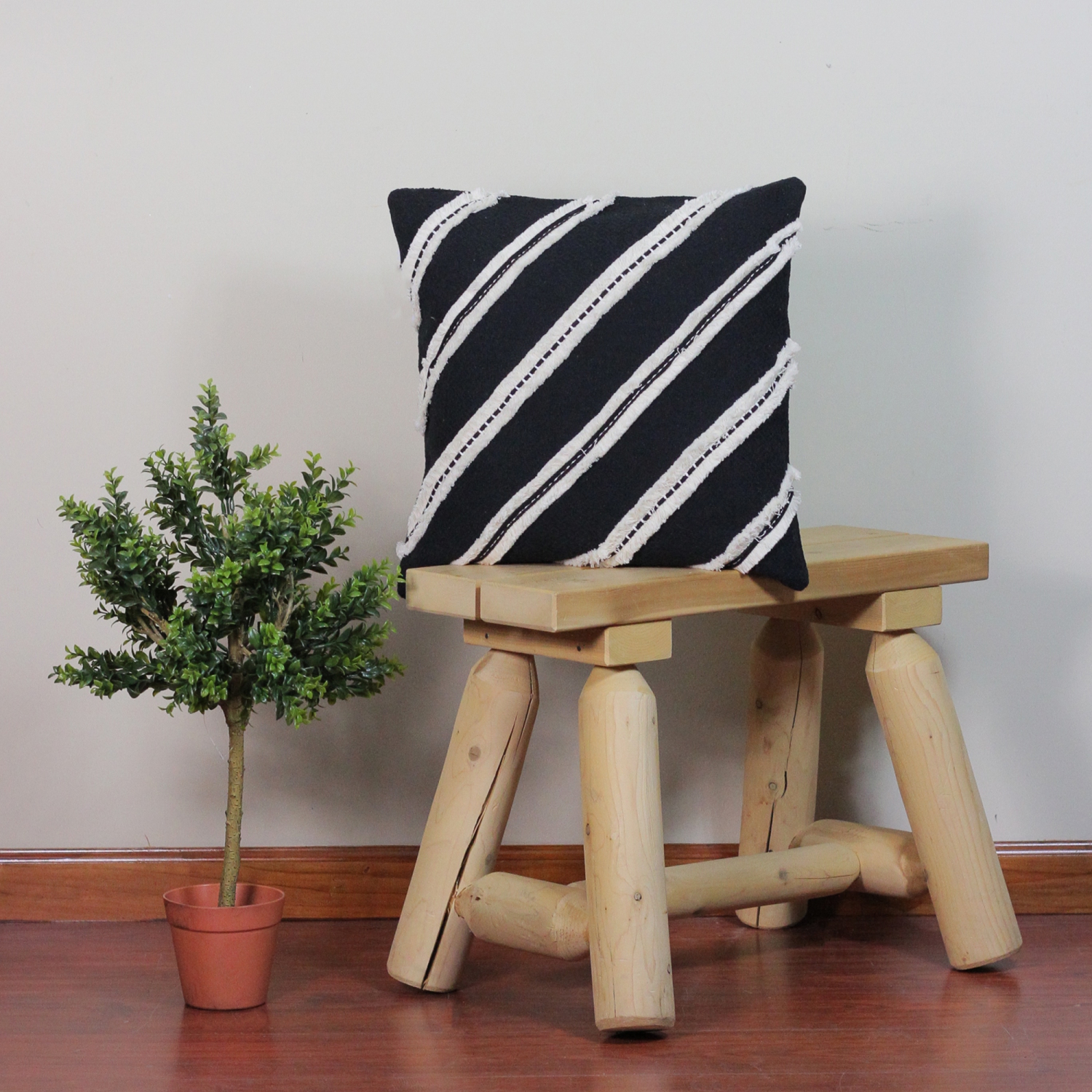 17" Black and White Striped Fringe Square Throw Pillow