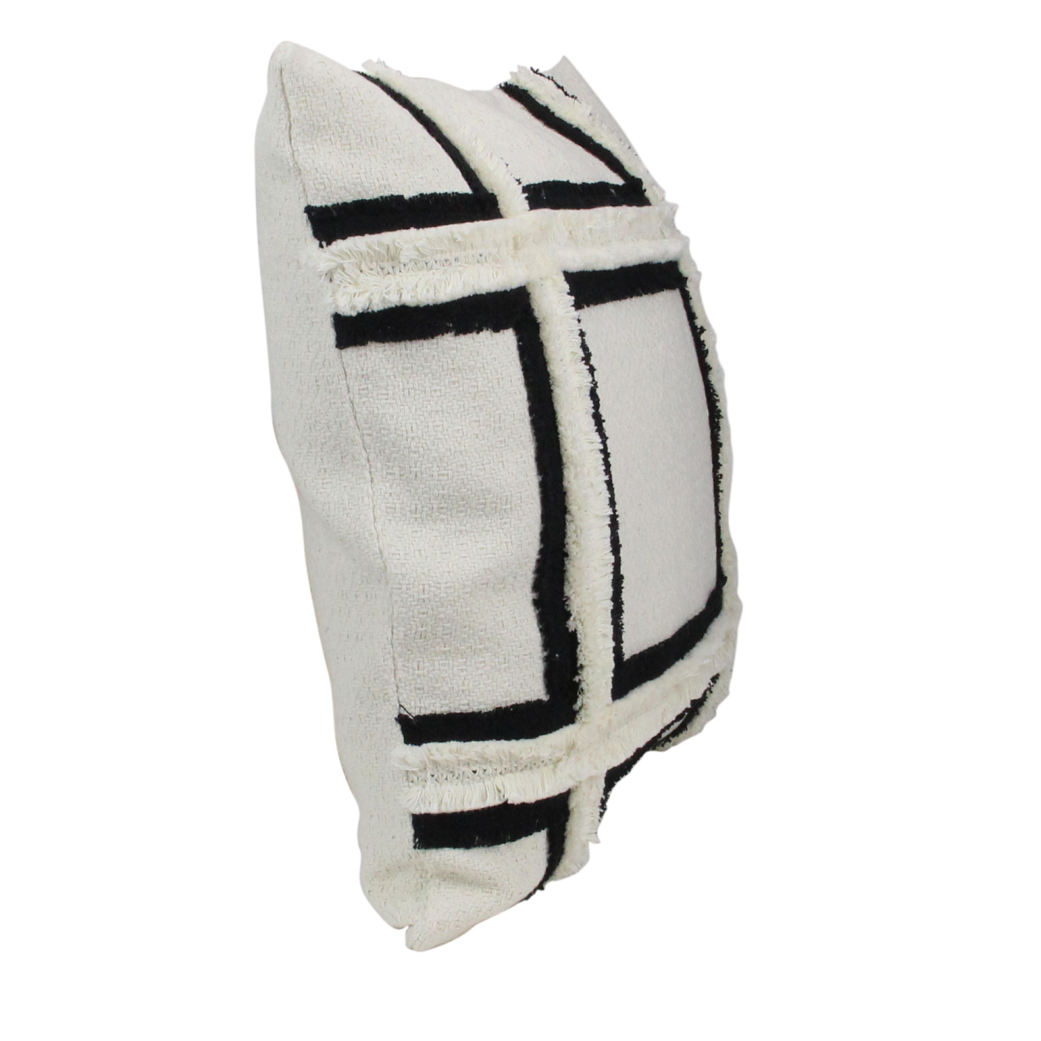 Coussin décoratif carré à franges, ivoire et noir, 17 po