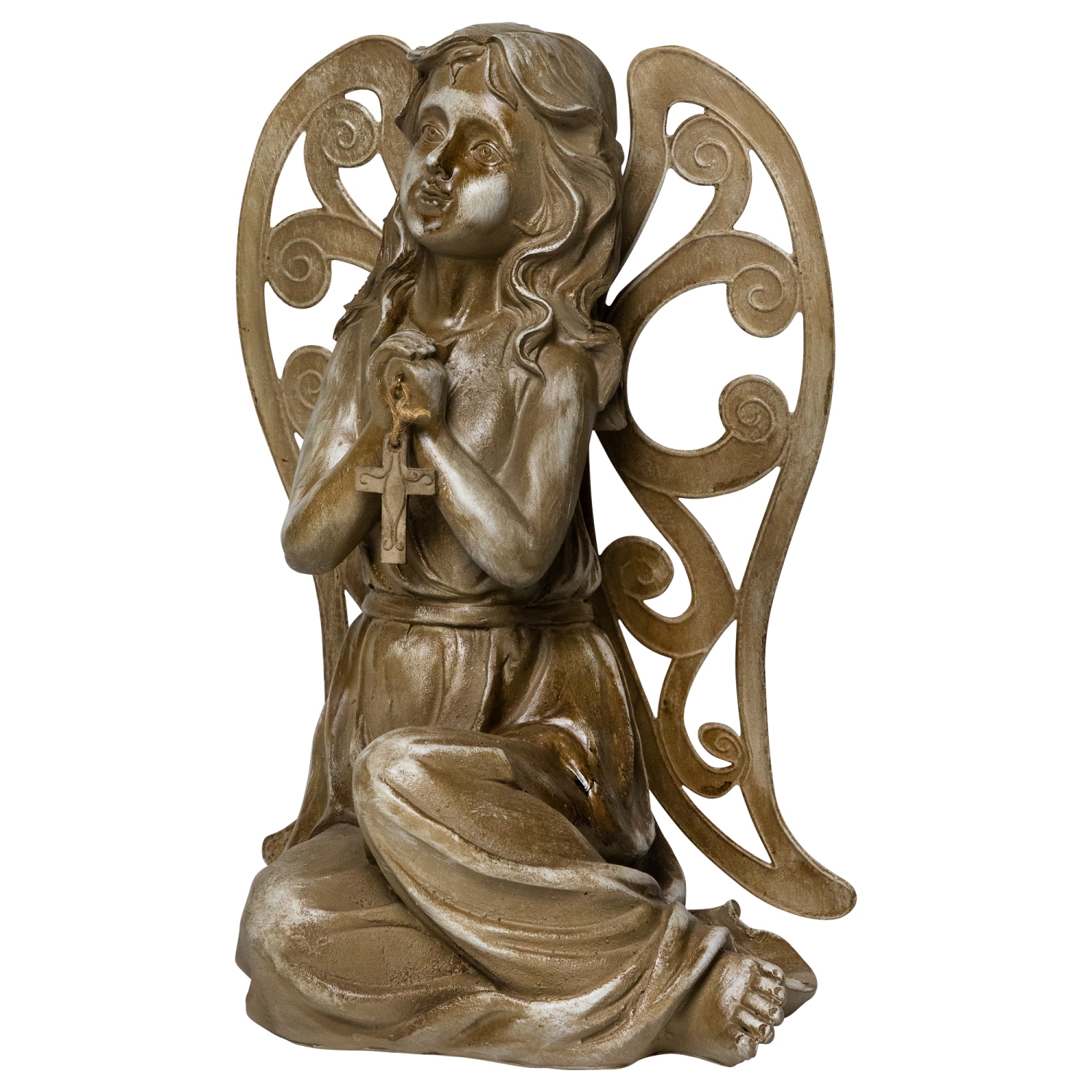 Northlight 14.5" Inspirational Sitting Angel with Cross Outdoor Garden Statue - Brown