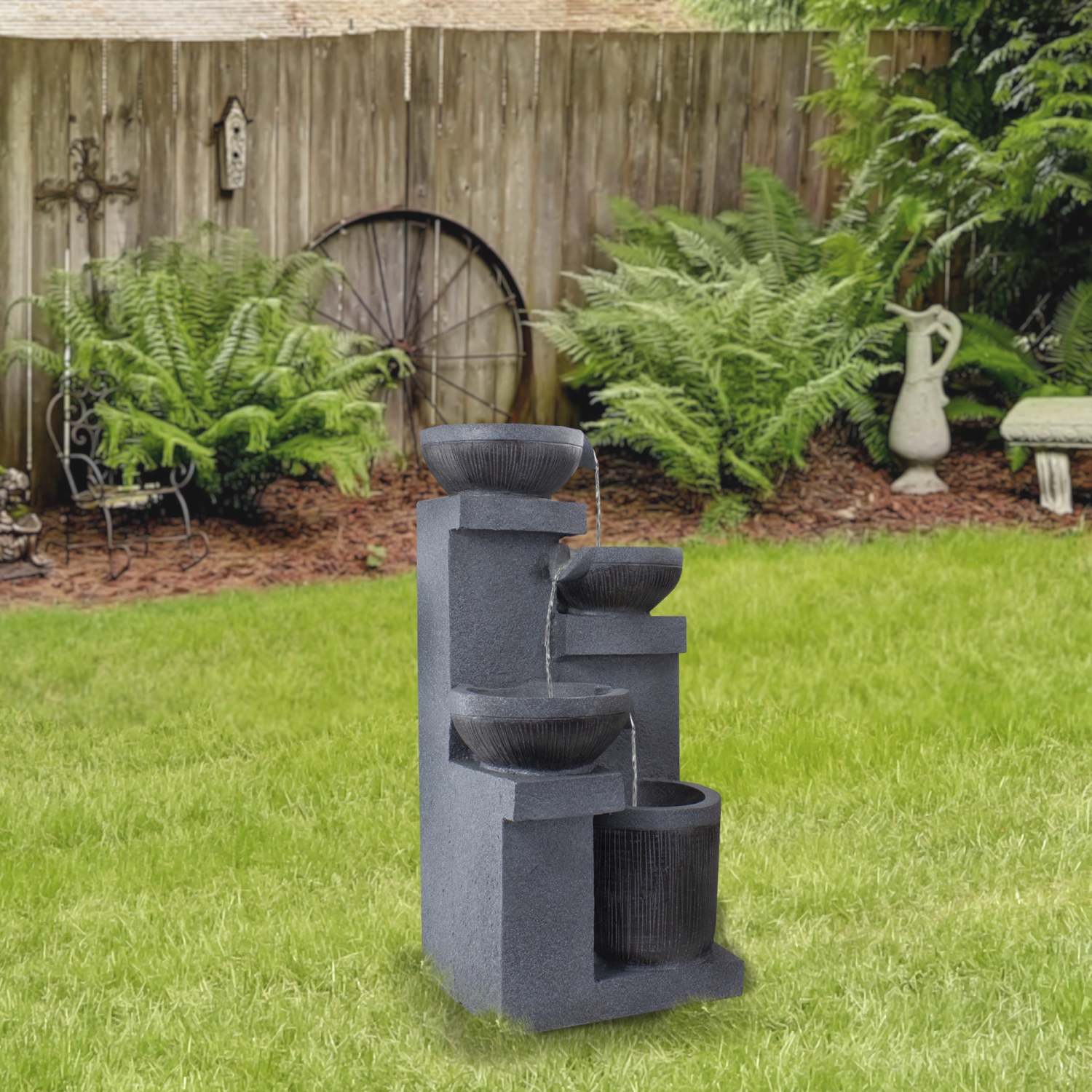 23" LED Lighted Cascading 4-Tier Bowl Outdoor Water Fountain