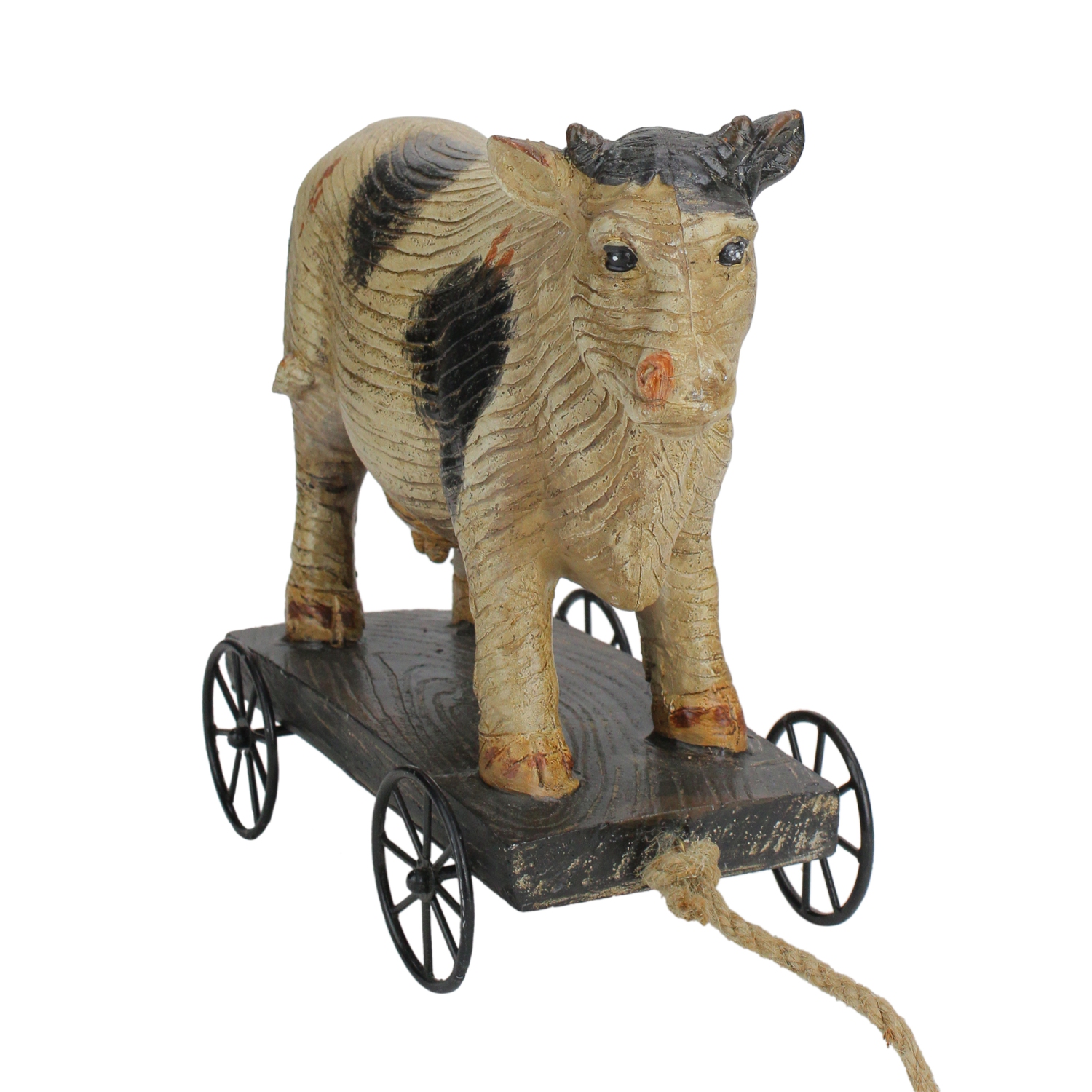 10.25" Black and White Wood Textured Cow on Cart Outdoor Garden Statue