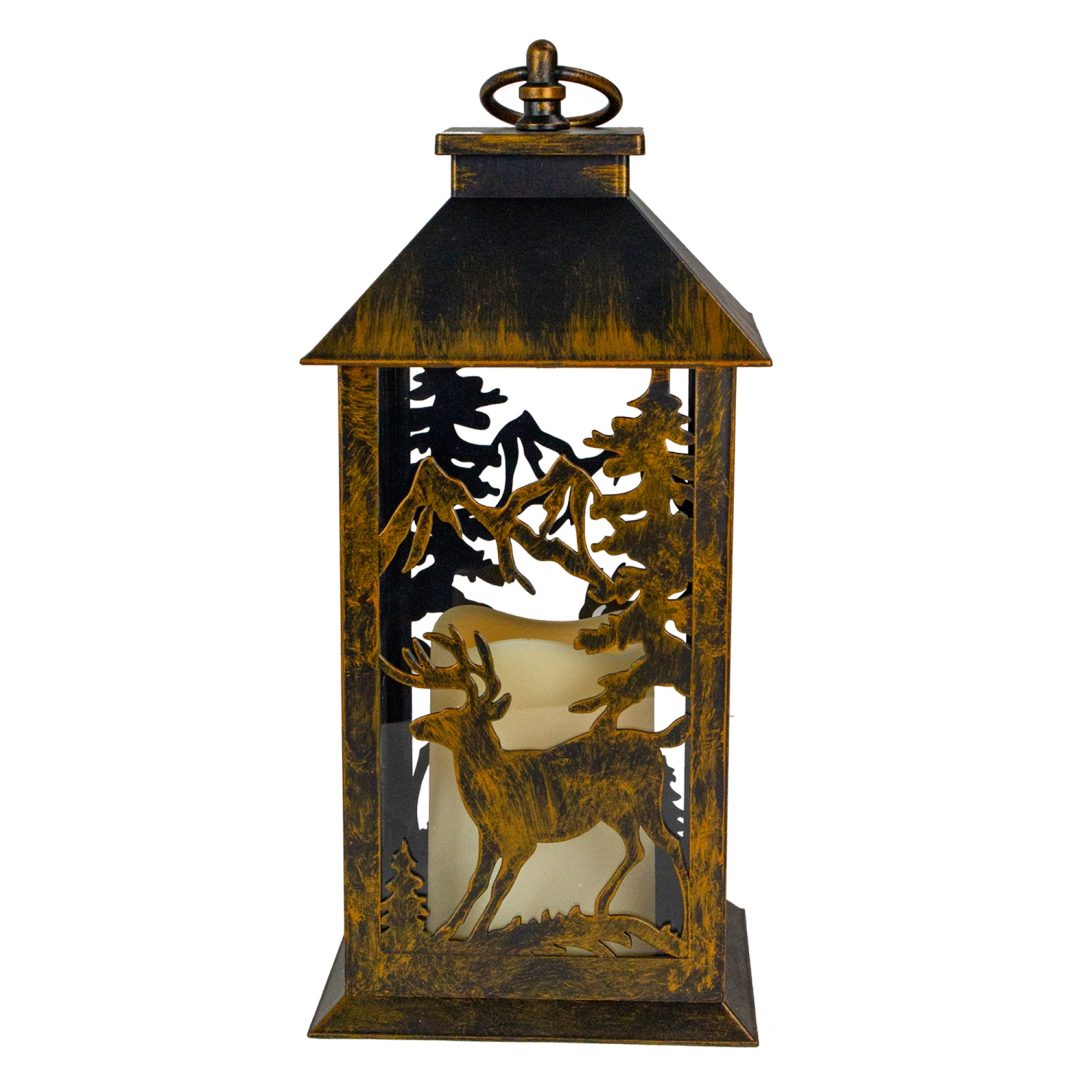 13.5" Deer and Tree Christmas Lantern with Flameless LED Candle