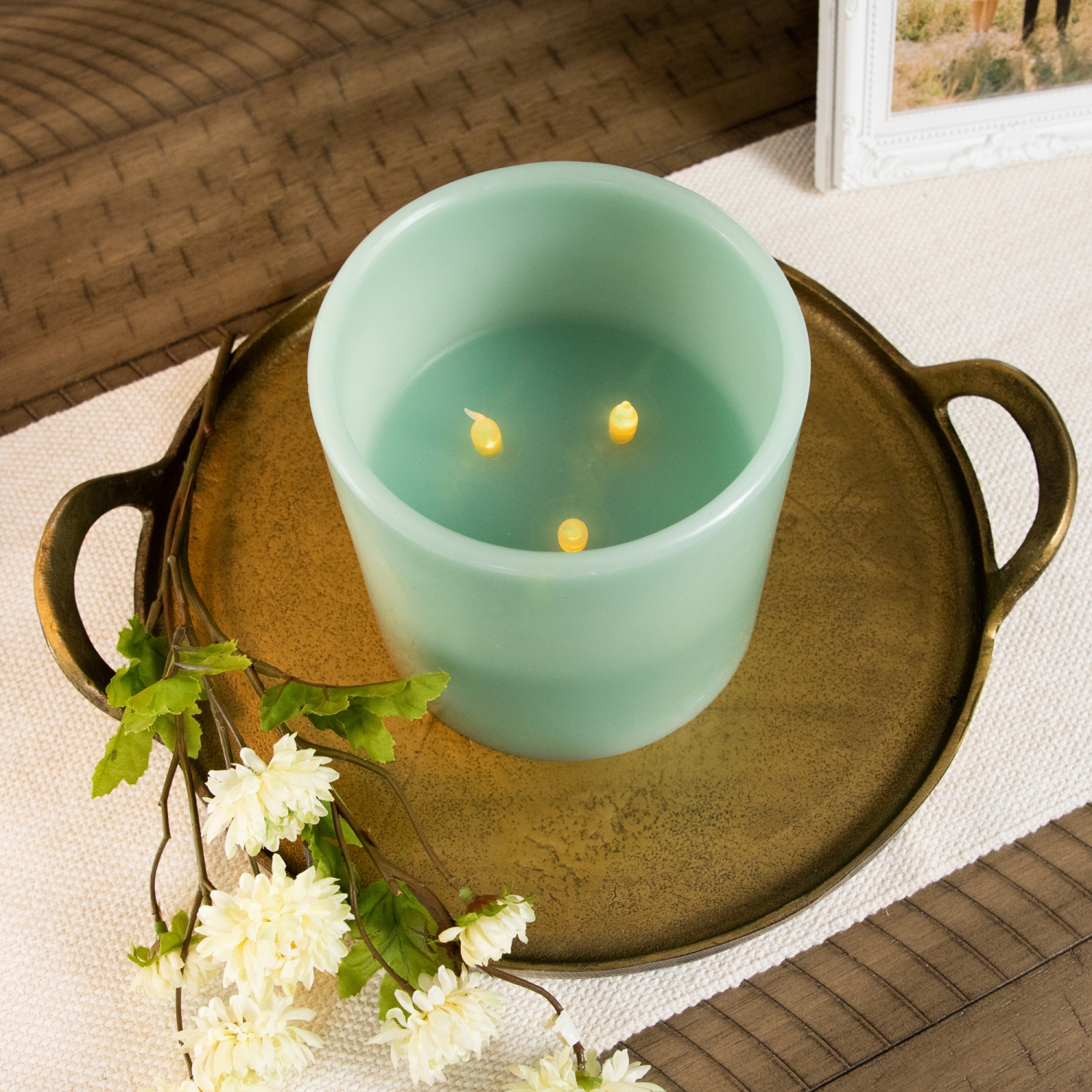 6" Sage Green Battery Operated Flameless LED 3-Wick Flickering Wax Pillar Candle