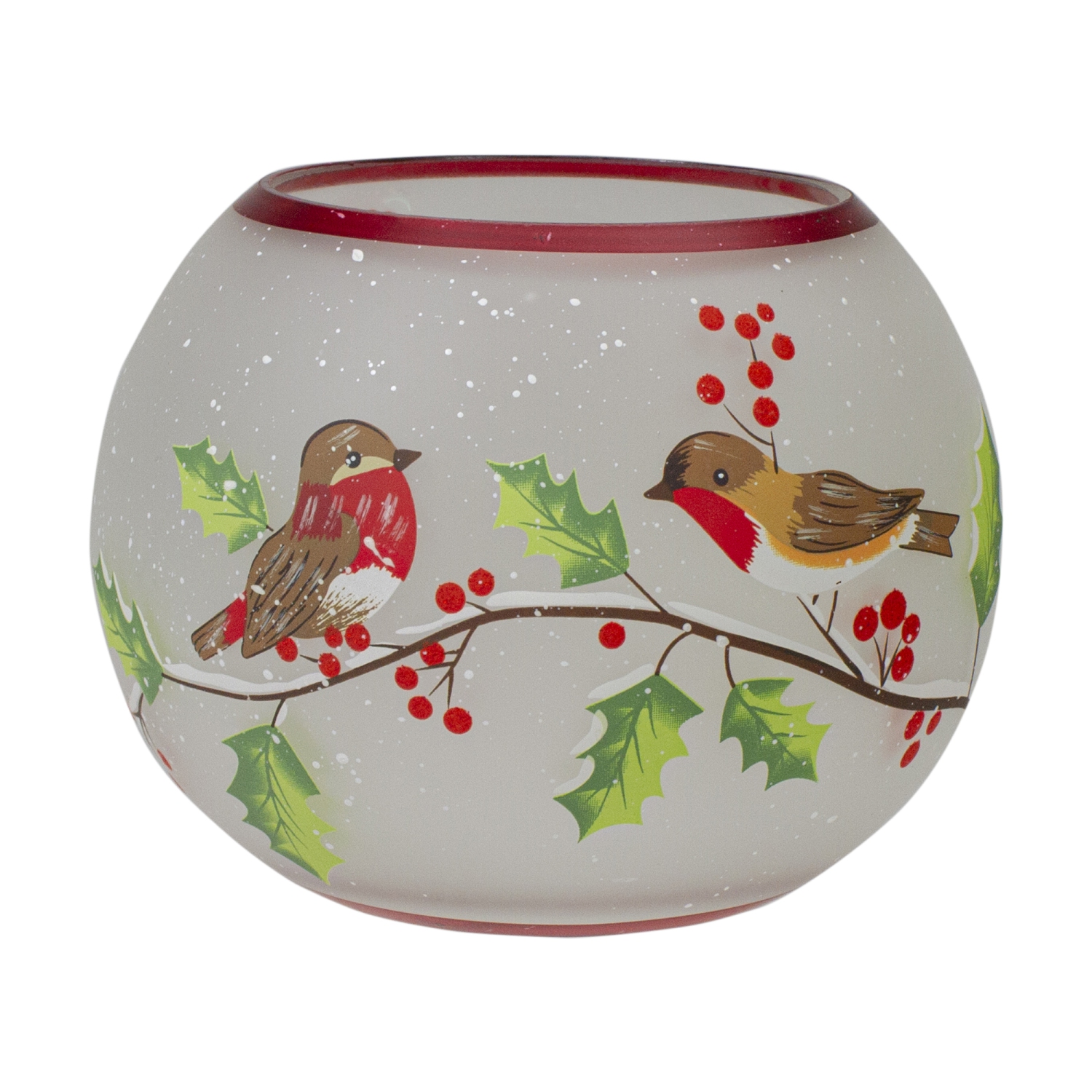 5-Inch Hand Painted Finches and Pine Flameless Glass Candle Holder