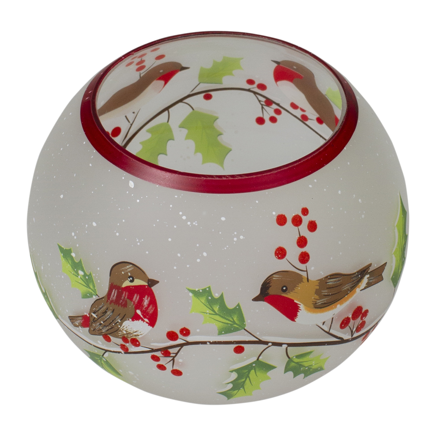 5-Inch Hand Painted Finches and Pine Flameless Glass Candle Holder