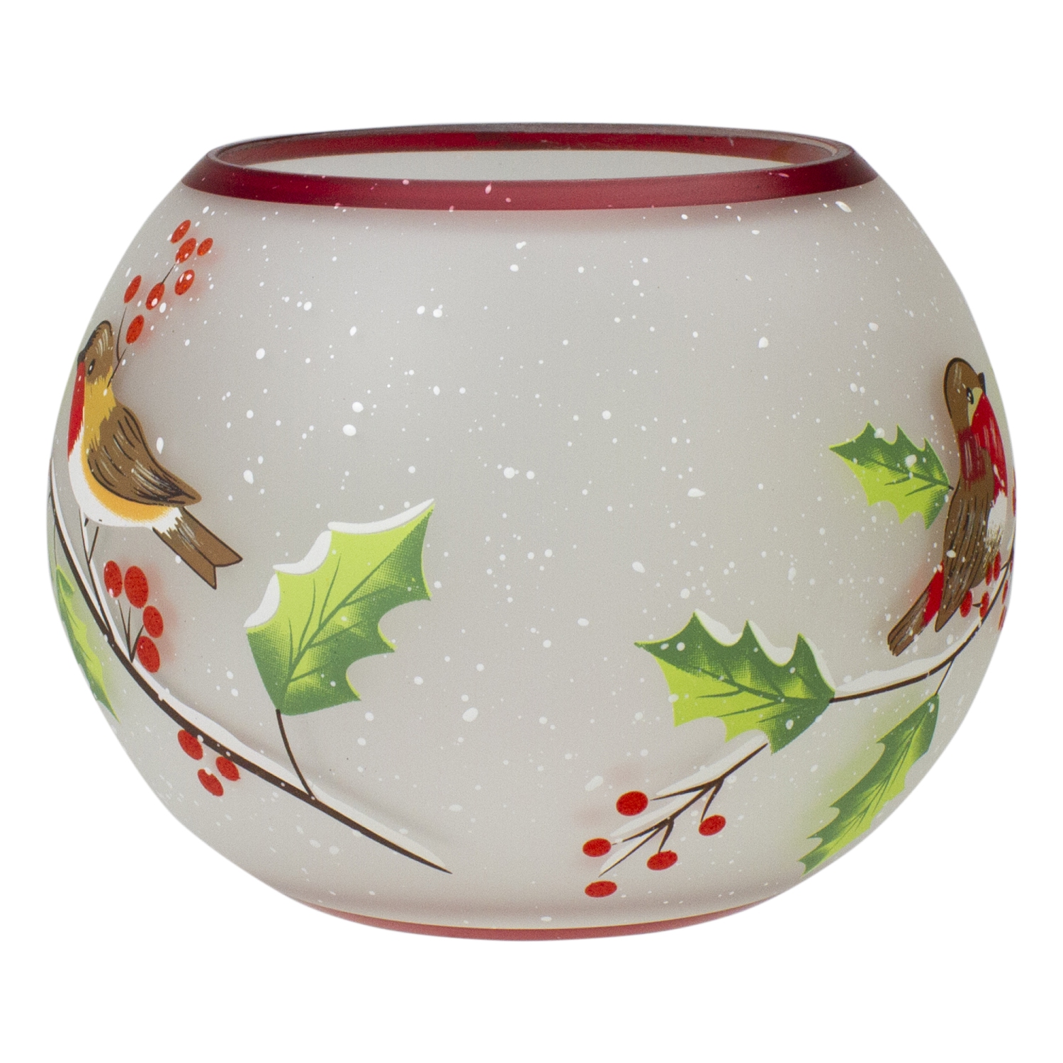 5-Inch Hand Painted Finches and Pine Flameless Glass Candle Holder