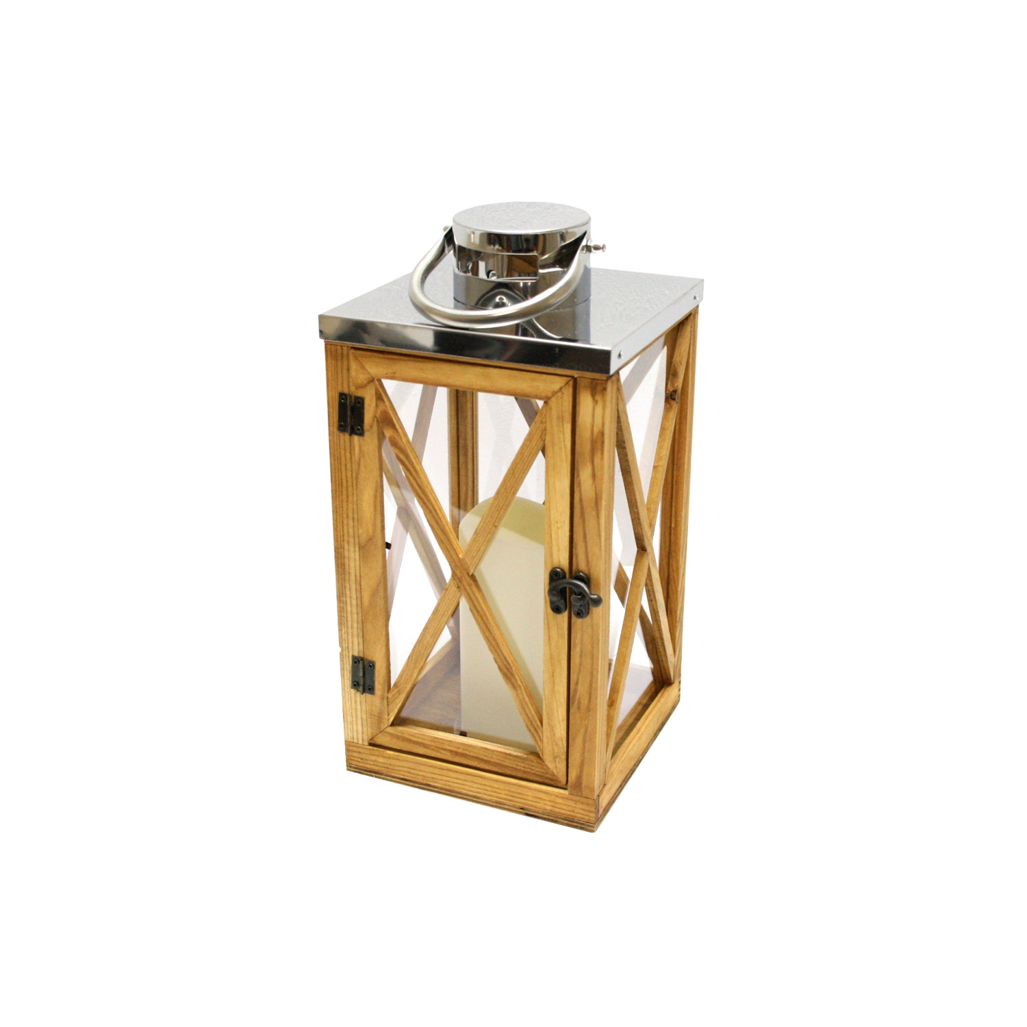 13.5" Rustic Wood and Stainless Steel Lantern with LED Flameless Pillar Candle with Timer