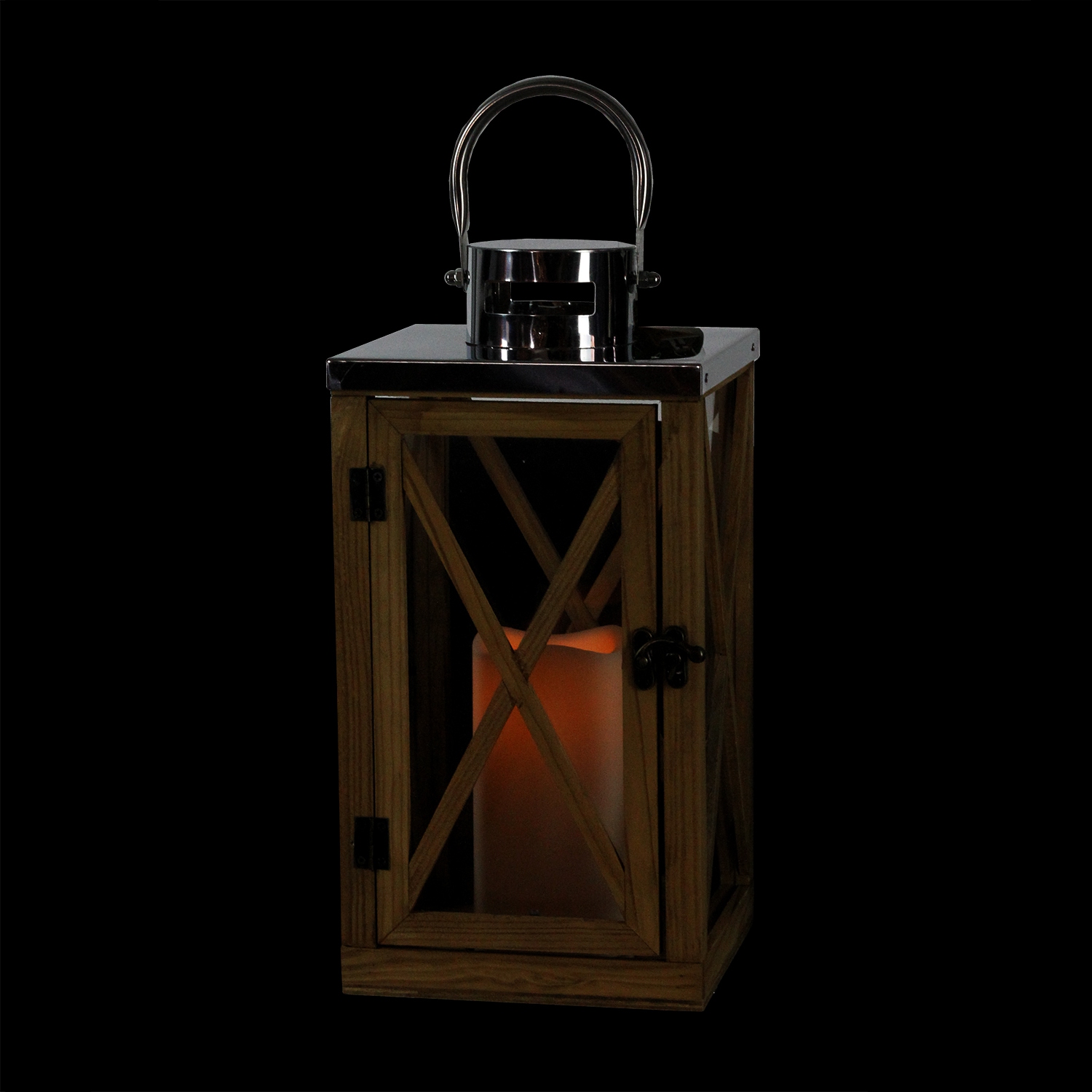 13.5" Rustic Wood and Stainless Steel Lantern with LED Flameless Pillar Candle with Timer