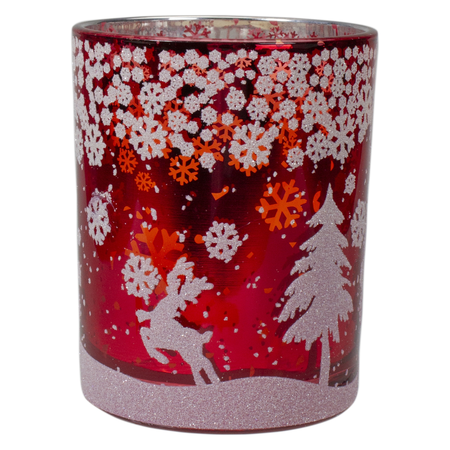 Porte-bougie sans flamme, 5 po, cerf rouge et argent brillant, bois d'hiver