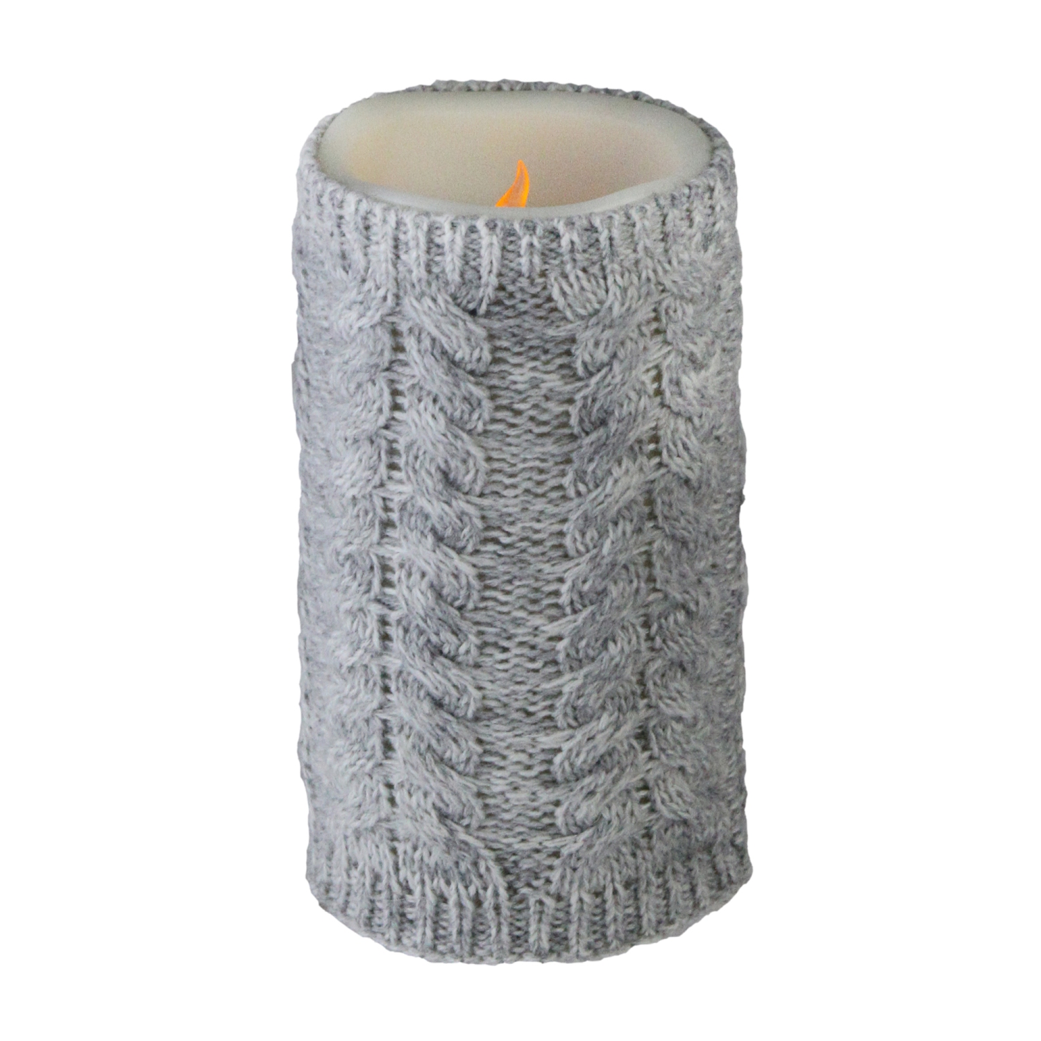 Bougie cylindrique sans flamme, 6 po, en faux-chandail gris, alimentée par piles